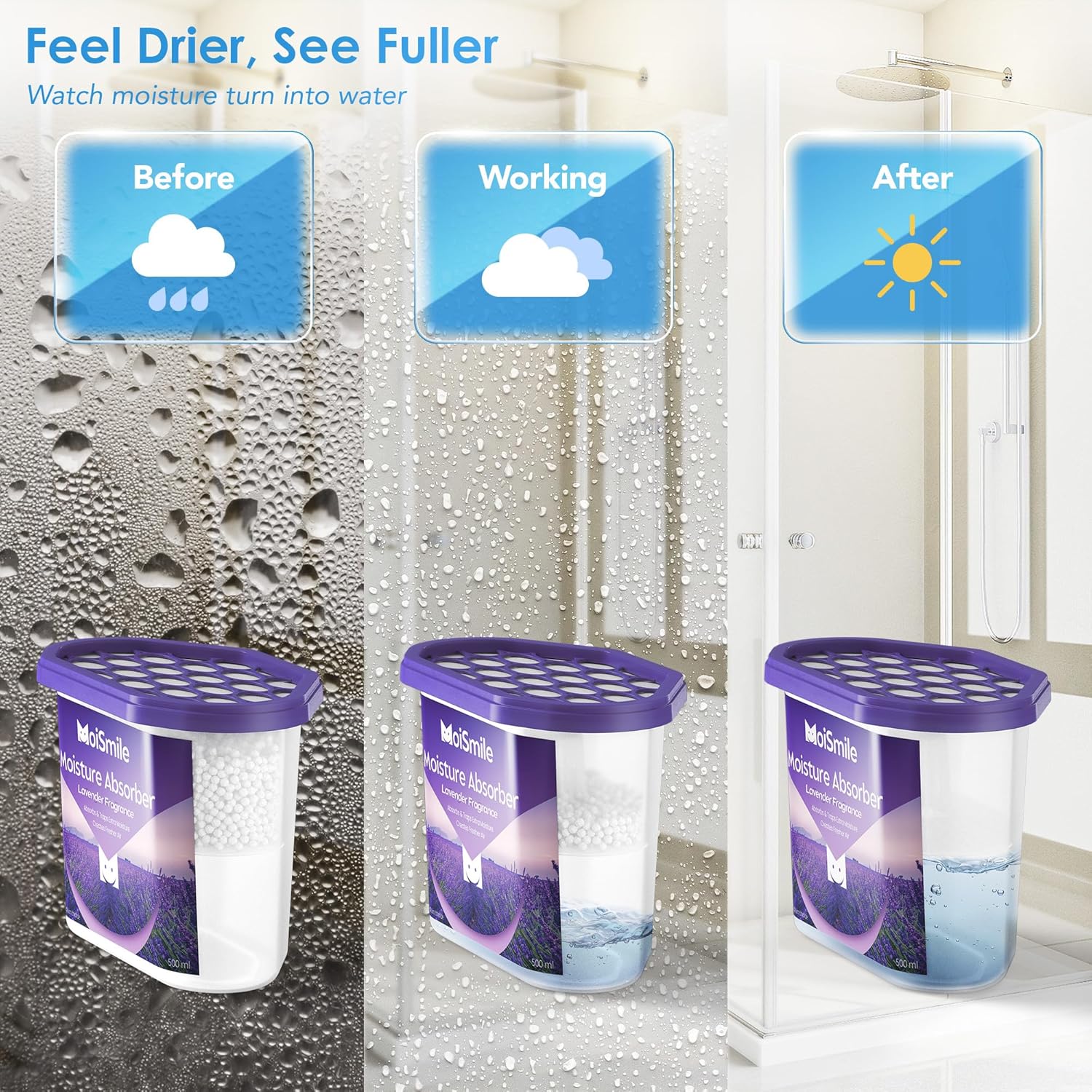 Moisture Absorbers, Fast Acting Lavender Scent Humidity Absorber & Odor Eliminator for Closet, Bathroom, Basement, Car & RV, 3 Pack