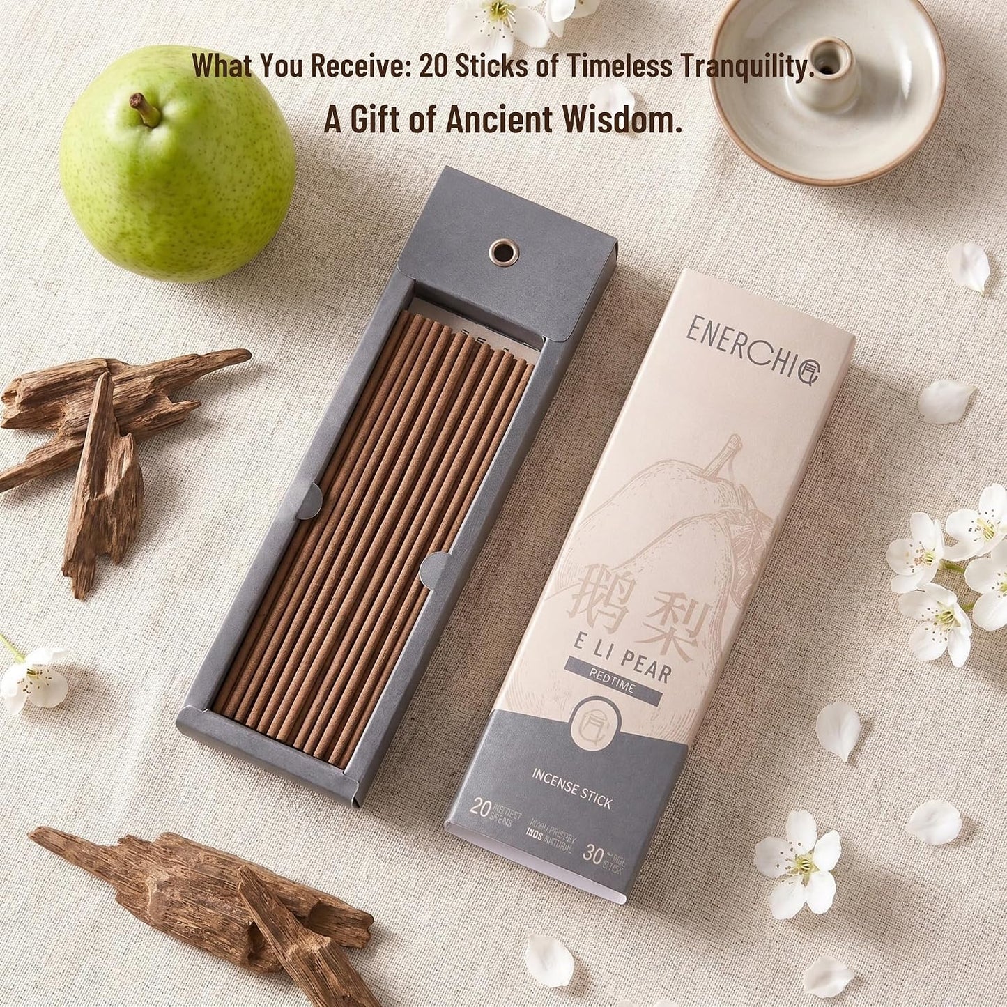 Pear-Steamed Sandalwood Incense Sticks with Agarwood — 20 Hand-Rolled Sticks, 3-Stage Scent (Fresh Pear to Milky Wood), Low Smoke, 30 Min Burn, Natural Incense for Meditation & Bedtime Ritual