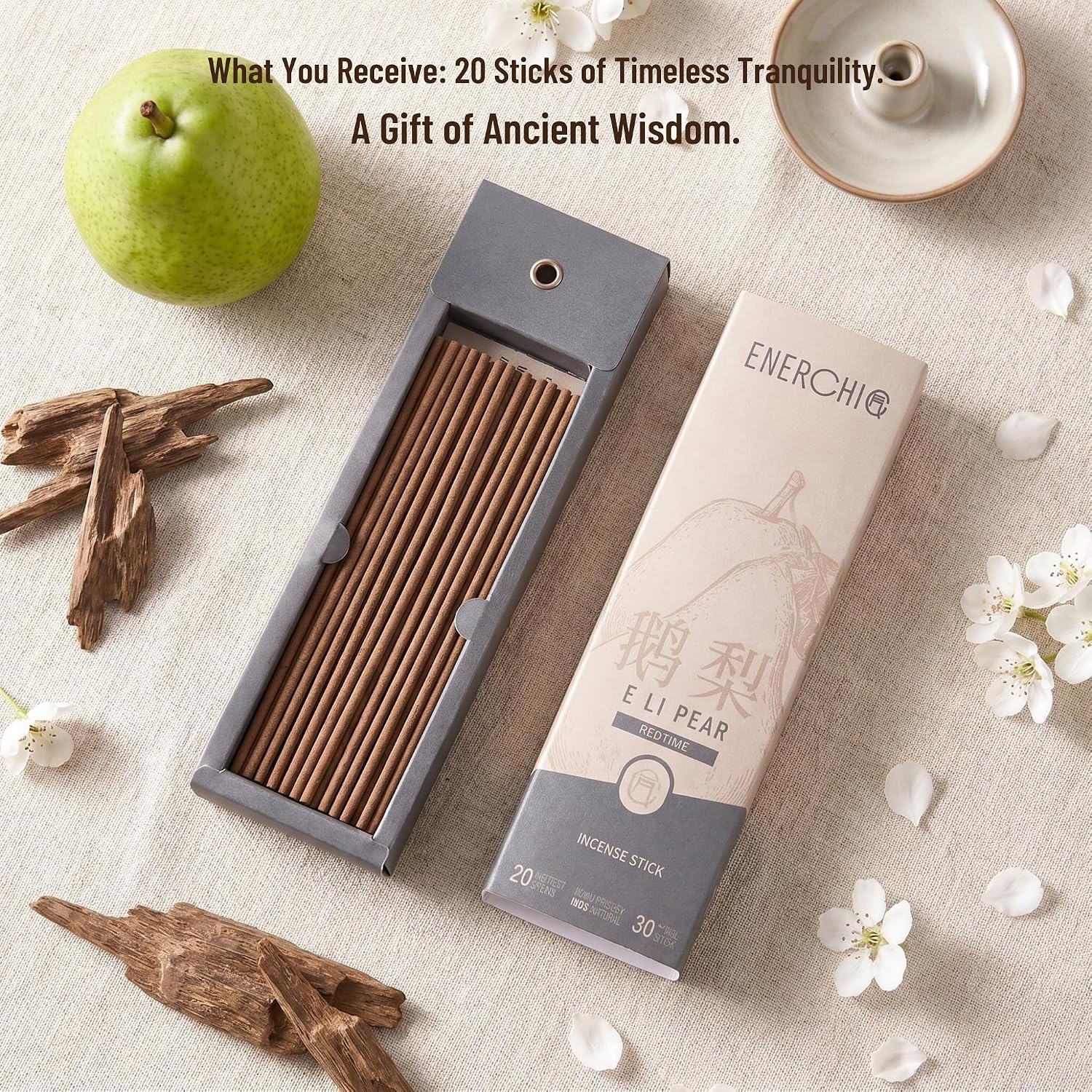 Pear-Steamed Sandalwood Incense Sticks with Agarwood — 20 Hand-Rolled Sticks, 3-Stage Scent (Fresh Pear to Milky Wood), Low Smoke, 30 Min Burn, Natural Incense for Meditation & Bedtime Ritual