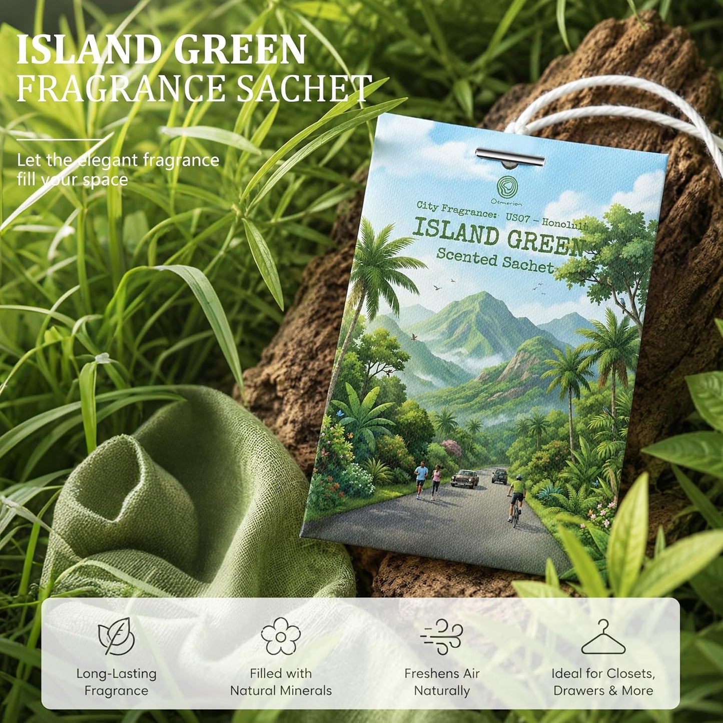 US07-Honolulu Island Green Scented Sachets for Drawers and Closets, Car Air Freshener Bags, Island Green Closet Freshener and Odor Eliminator for Wardrobe, Dresser, Car 12 Pack