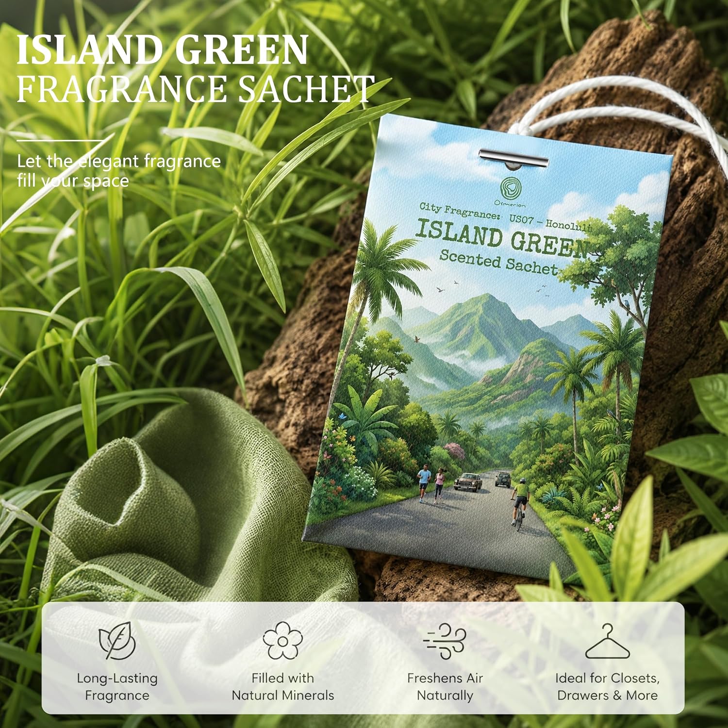 US07-Honolulu Island Green Scented Sachets for Drawers and Closets, Car Air Freshener Bags, Island Green Closet Freshener and Odor Eliminator for Wardrobe, Dresser, Car 12 Pack