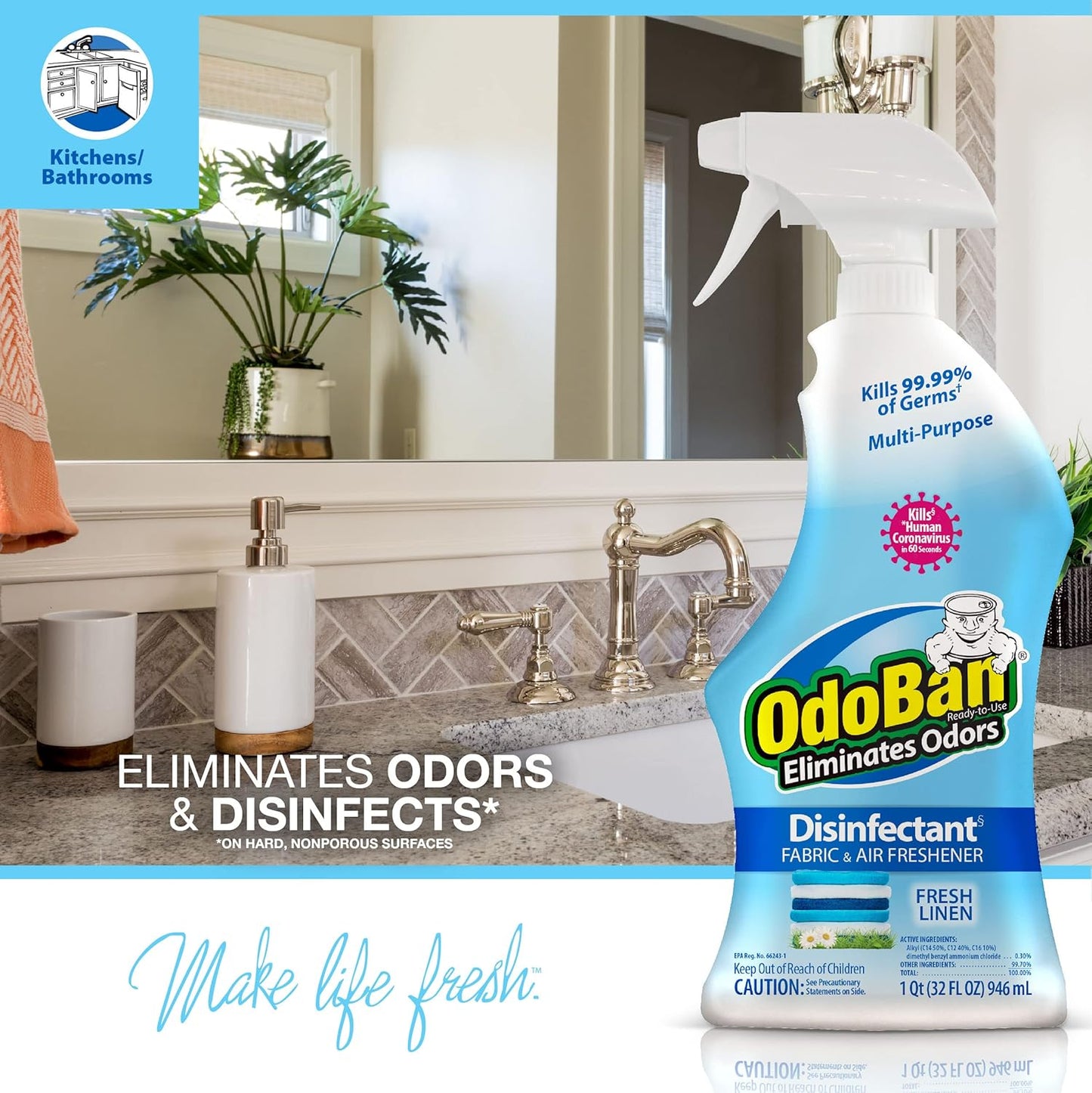 OdoBan Ready-to-Use Disinfectant and Harsh Aroma Eliminator, Cleaner and Fabric/Air Freshener, Set of 2, 14.6 Ounce 360-Degree Continuous Spray and 32 Ounce Trigger Spray, Fresh Linen Scent
