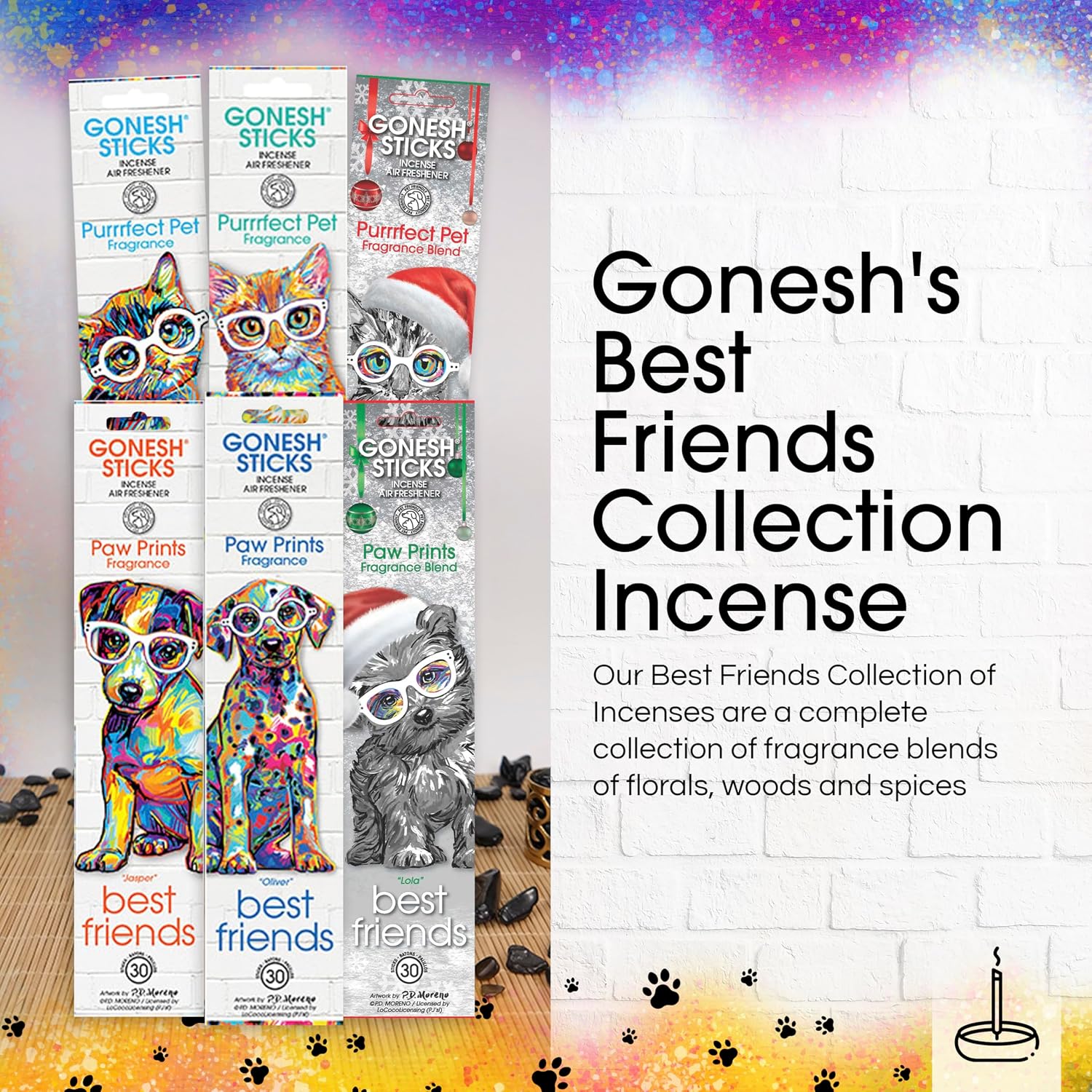 Gonesh Best Friends Purrrfect Pet Collection - Incense Sticks Variety Pack - Non-Toxic 10” Slow Burn Aromatic Sticks - Willow, Molly and Dexter - 3 Pack, 30 Each