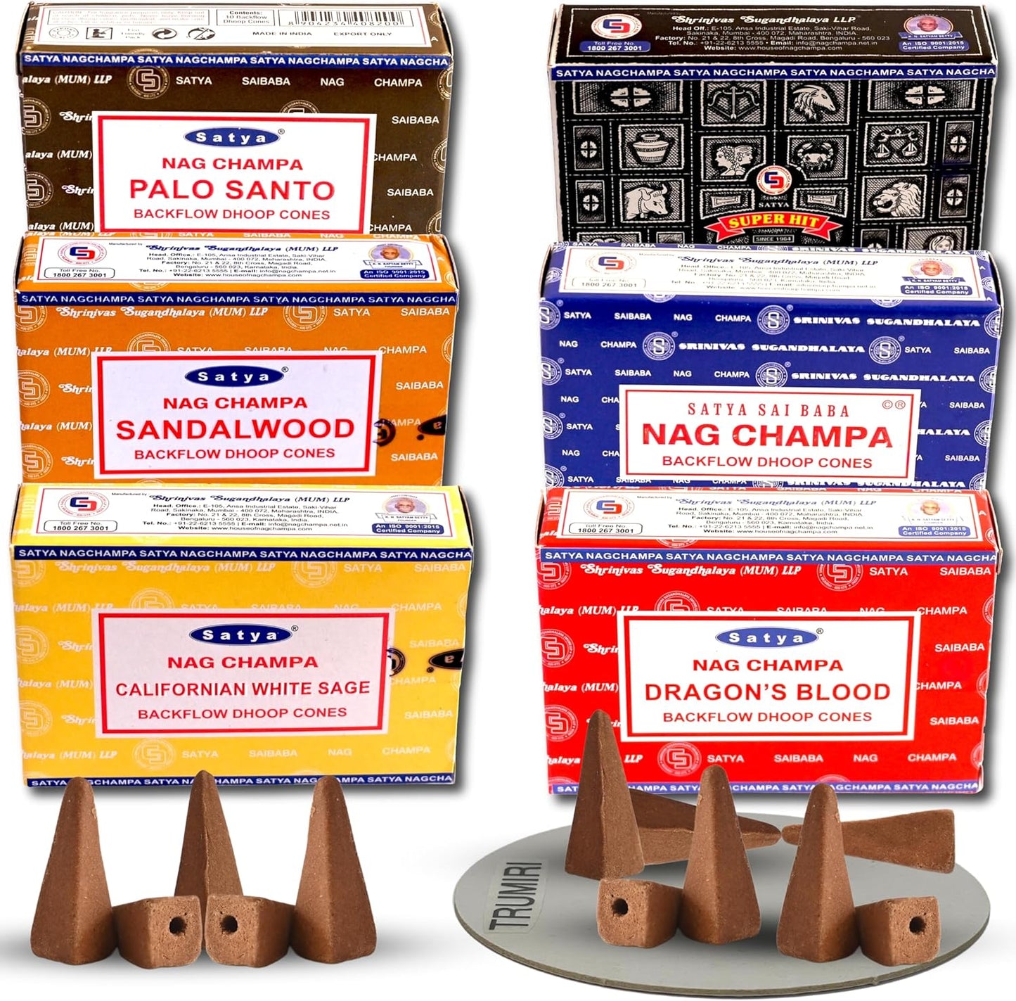 Nag Champa|Super Hit|Dragons Blood|Palo Santo|Sandalwood|Californian White Sage Variety Pack Backflow Incense Cones for Waterfall Aromatic Smoke Fountain Haze Falls and Mat Bundle - Pack of 6
