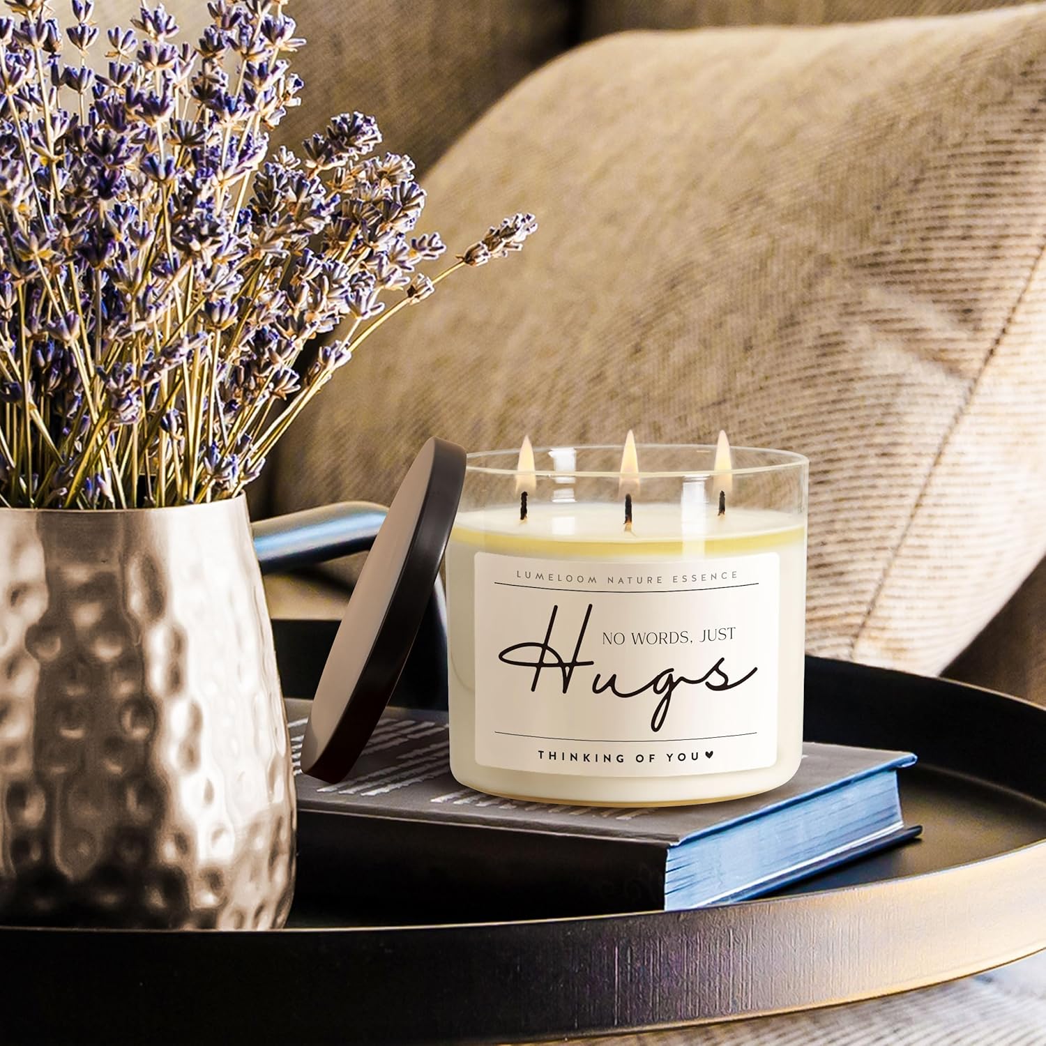 LUMELOOM Sympathy Gifts for Loss of Loved One, Memorial Gifts, 14.5oz, Large 3-Wick Lavender Scented Soy Wax Candle, No Words Just Hugs, Bereavement, Condolence, Grief, Think of You Candle for Women