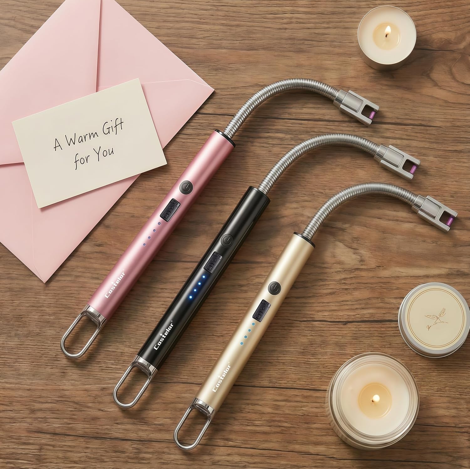 Castelar Electric Candle Lighter with Long Flexible Neck, USB Rechargeable Arc Lighter with Safety Lock for Candle, BBQ, Camping, Housewarming, and Birthday Gifts