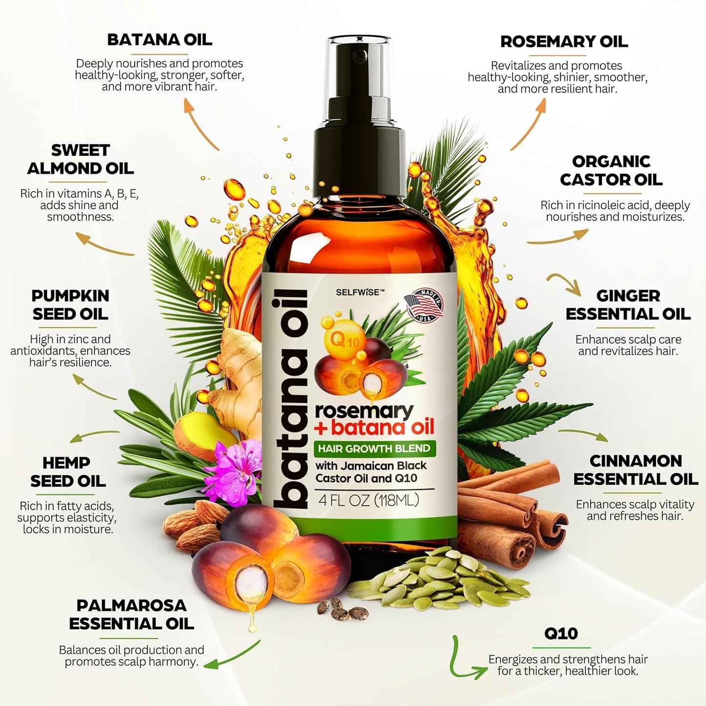 SELFWISE Batana Oil for Hair Growth Oil with Rosemary Castor, 100% Pure, Organic, Cold-Pressed, Unrefined Batana from Honduras by Dr. Sebi - Natural, Vegan, for Strong Roots and Thick Hair, 4oz