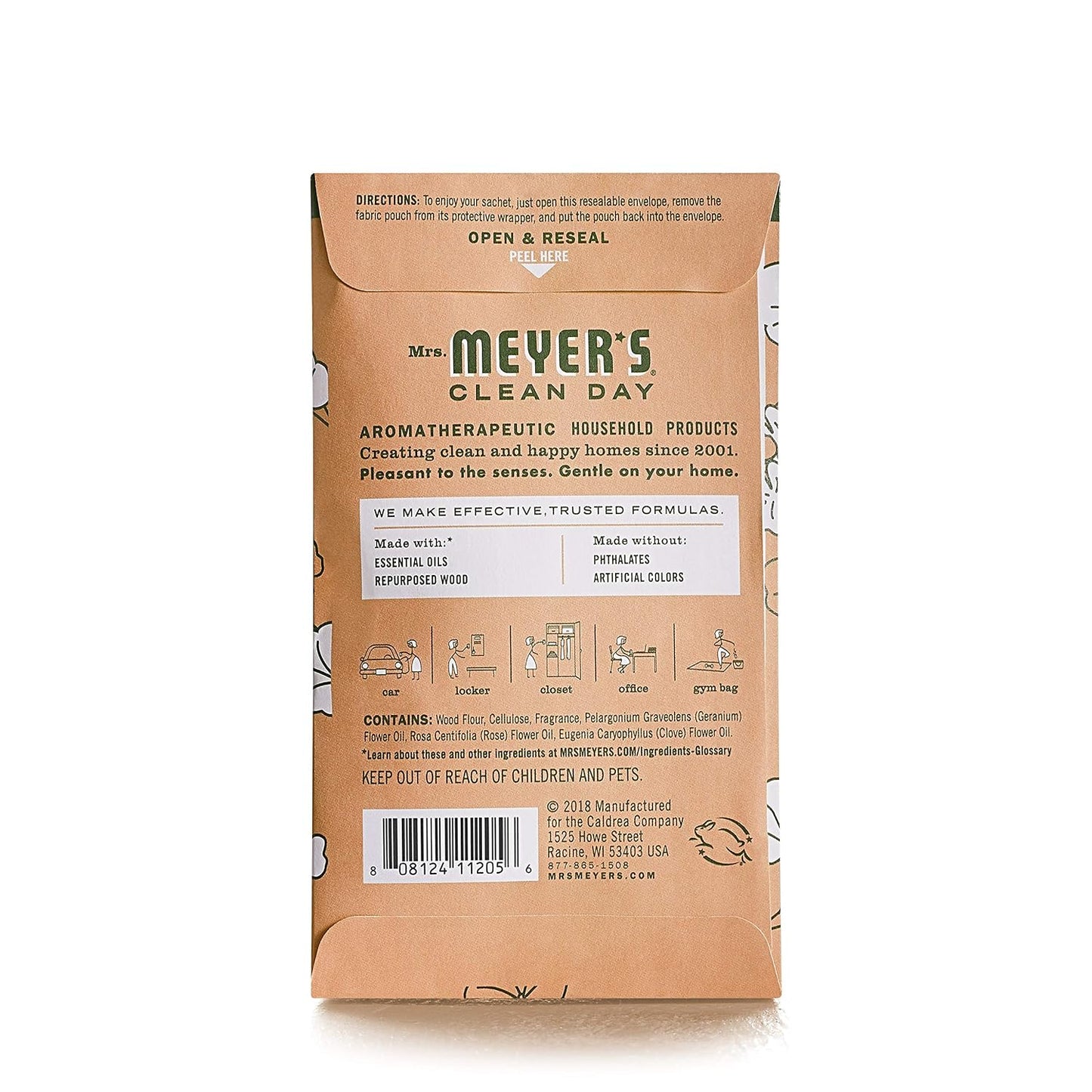 MRS. MEYER'S Clean Day Air Freshener Sachets, Fragrance for Your Locker, Car, Closet, and Gym Bag, Geranium, Pack of 3