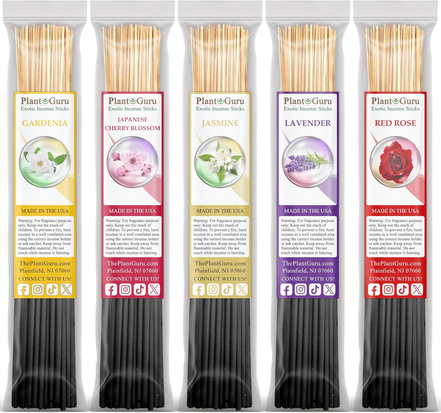 Floral Incense Sticks Variety Set Bulk 500 Pack Sampler 11" Sticks - 5 Bundles of 100 Sticks Per Bundle. Gardenia, Japanese Cherry Blossom, Jasmine, Lavender, Red Rose.