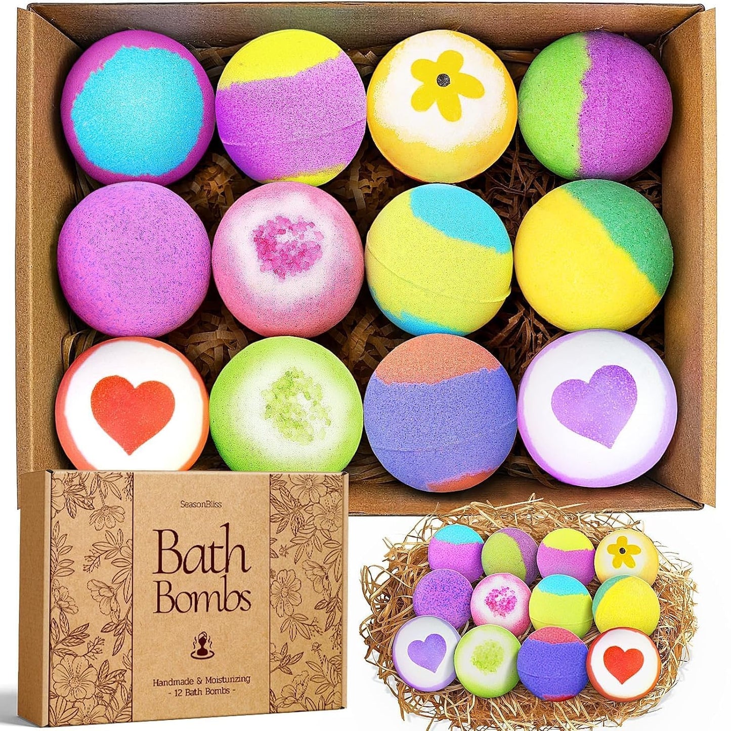 SeasonBliss Bath Bombs for Women, Easter Basket Stuffers, 12 Pack Bubble Shower Bombs Set Total 26.3OZ, Natural Bath Bomb with Shea Butter & Safe Oil, Ideal Present for Birthday,Valentine,Mother's Day