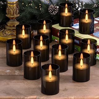 VIODAIM 12Pack Flickering Flameless LED Candles with Timer, Battery Powered - Small Pillar & Votive, Black (2"X3")