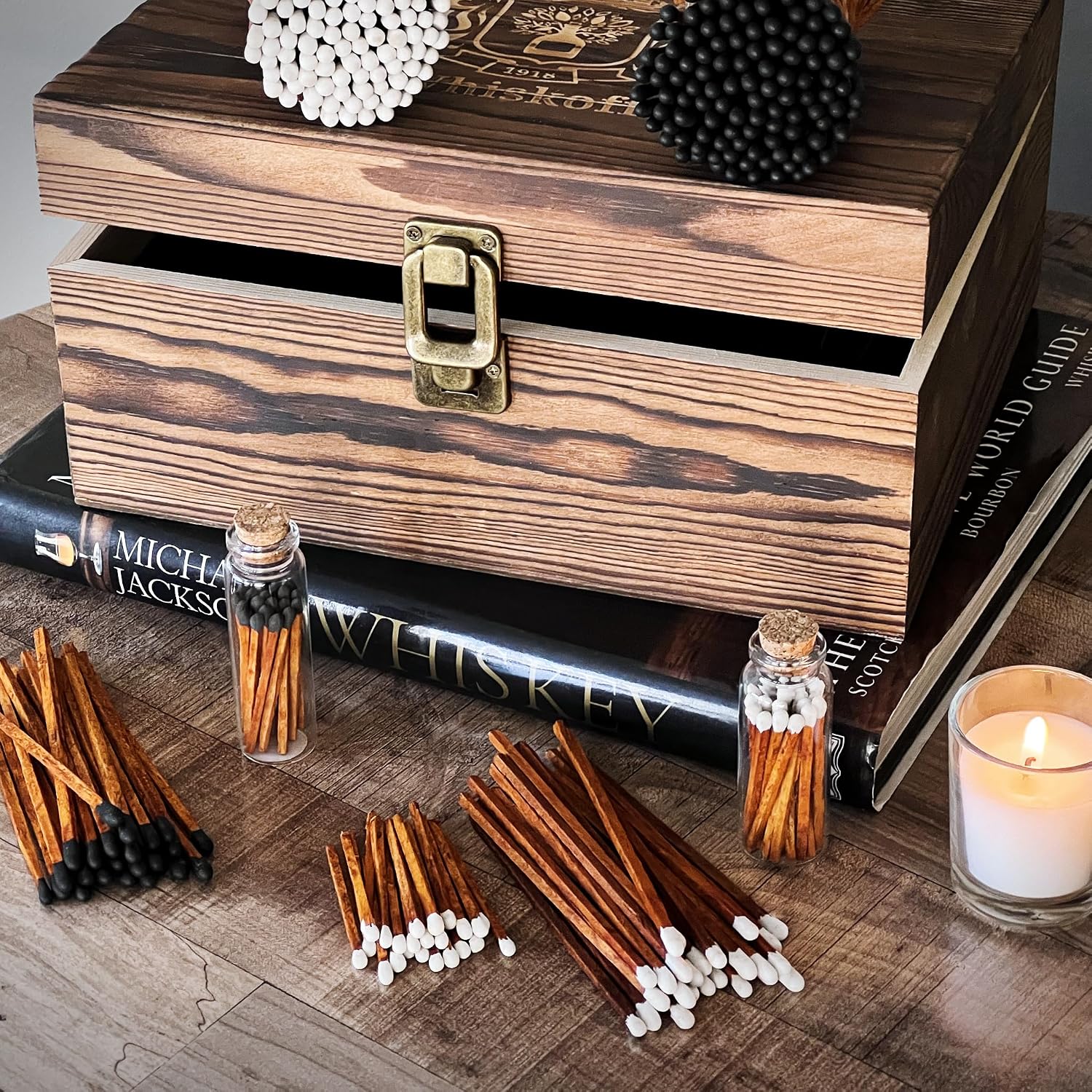 2" Espresso Matches in 3 Mini Cloche Jars + Striker Stickers Included | 100 Brown Stick Black Tip Decorative Matches with Glass Holders | Gifts, Home Decor, & Candle Accessories by Thankful Greetings