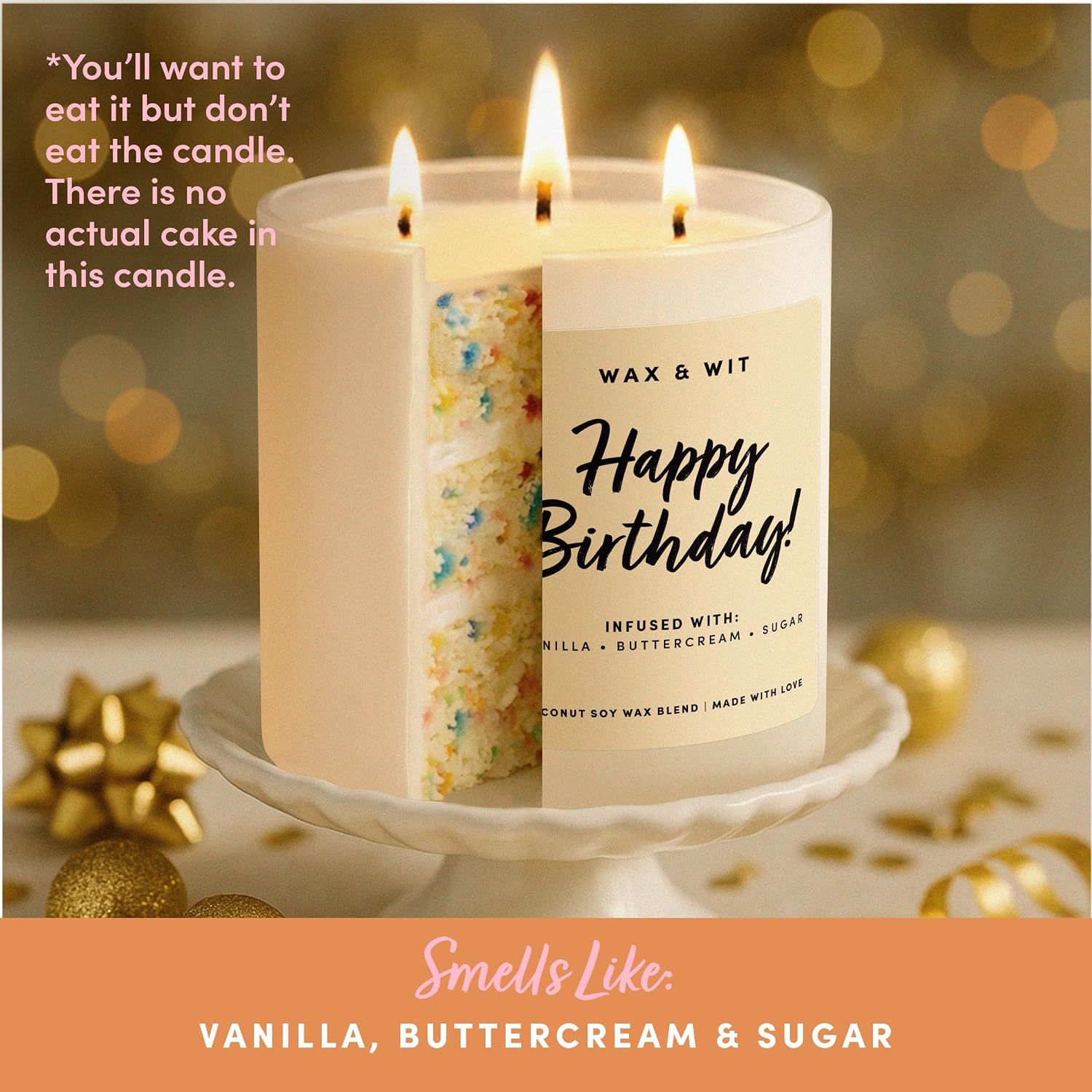 Wax & Wit Happy Birthday Candle for Women – Birthday Cake Scented 3-Wick, Vanilla Buttercream, Large 14.5 oz Coconut Soy Wax, 60+ Hour Burn, Unique Gift for Her, Best Friend