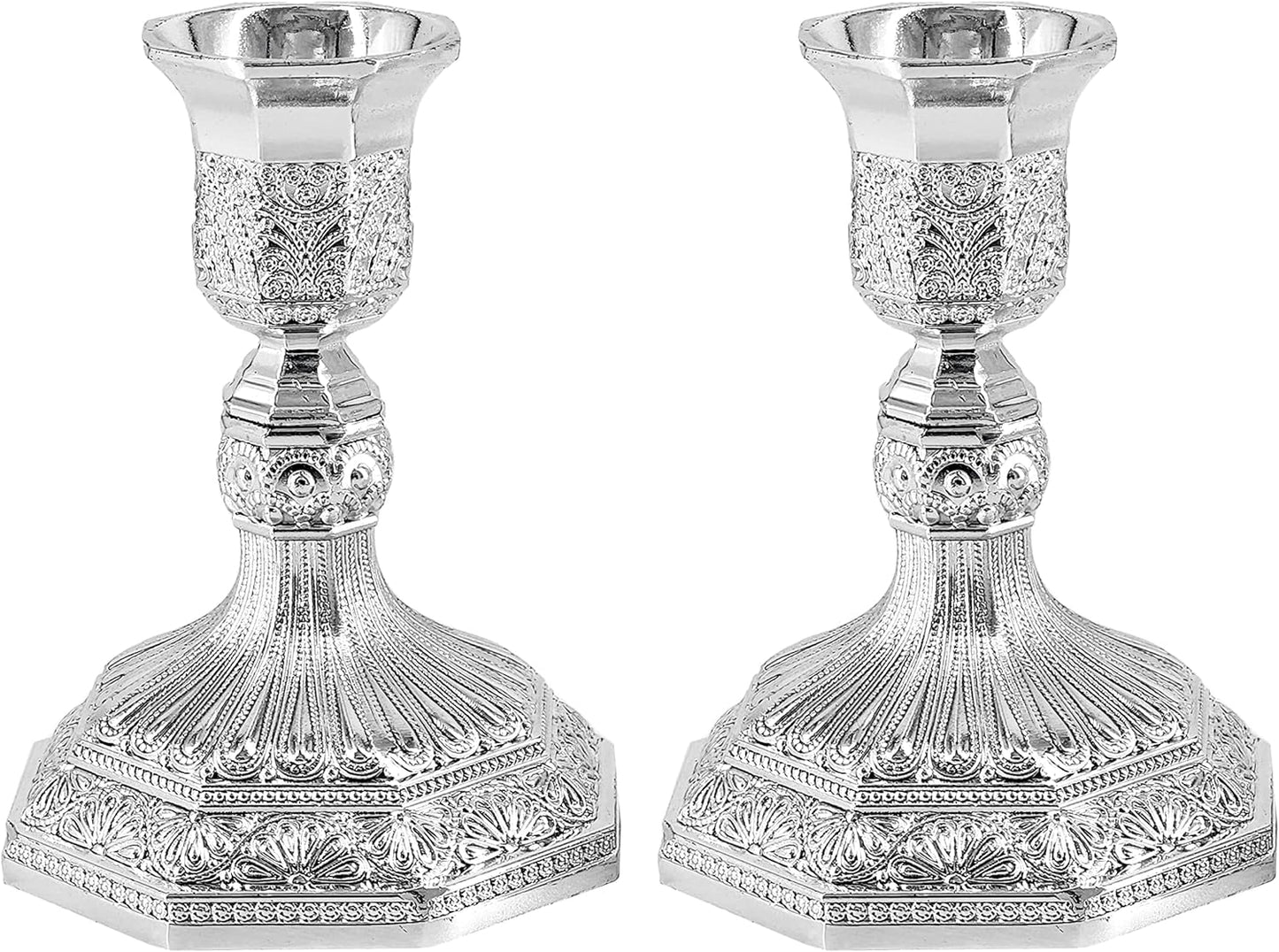 The Dreidel Company Shabbat Candlesticks Candle Holders Silver Plated, 2 Candlesticks Set Style 2