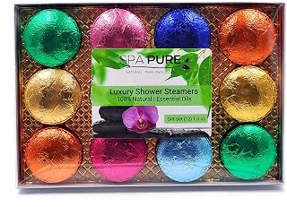 Spa Pure Shower Bombs: NEW SCENTS Rejuvenating Steamers Aromatherapy Tablets, Bomb, Vaporizing Steamer Soothers Bath Melt for Women, Men, Natural Organic Large Cosmetic Fizzies (12 Count) Pack of 1