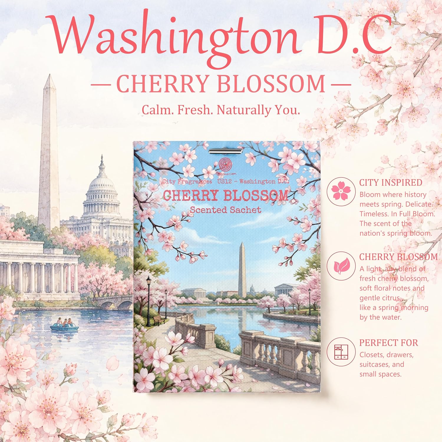 US12-Washington D.C. Cherry Blossom Sachets for Drawers & Closets, 12 Pack | Car Air Freshener sachets with D.C. Cherry Blossom scent. Freshens closets, drawers, cars and small spaces.
