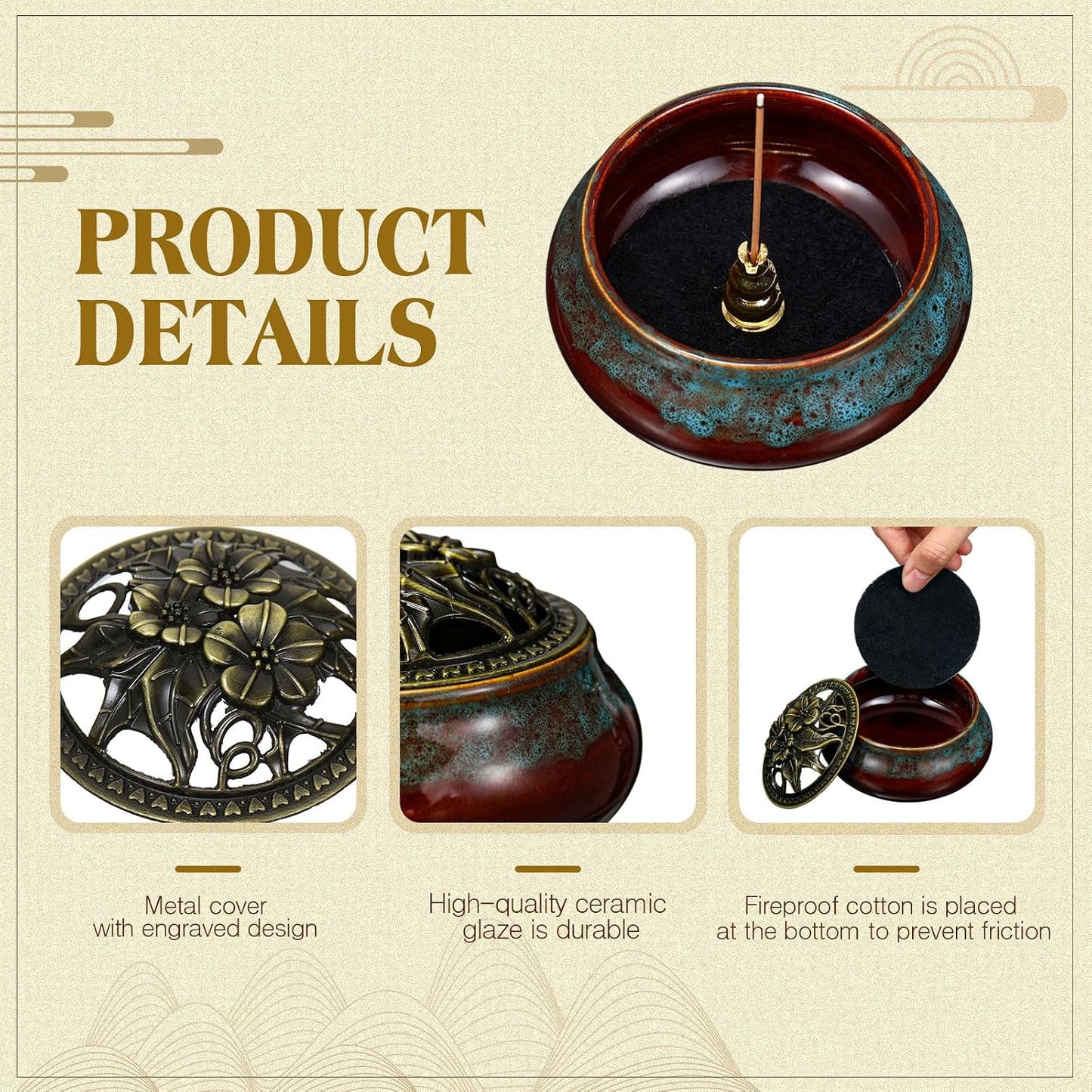 Maxcheck 4 Pcs Ceramic Incense Burner with Copper Lid Metal Incense Holder Lotus Cone Burner for Sandalwood Palo Santo Sage Cones Meditation Yoga Spa Gifts Room Decor(Blue)