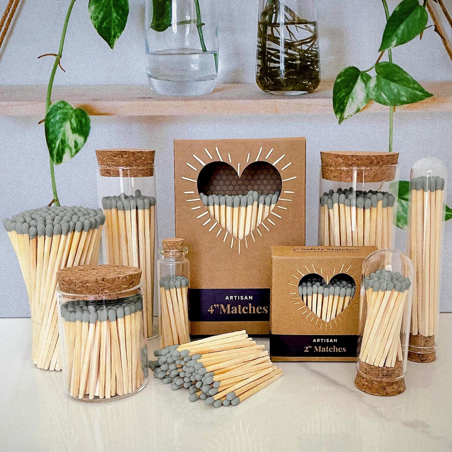 2" Gray Tip Matches with 3 Mini Cloche Jar + Striker Stickers Included | 100 Stylish Decorative Matches with Small Cork Top Glass Holder | Gifts, Home Decor, & Candle Accessories by Thankful Greetings