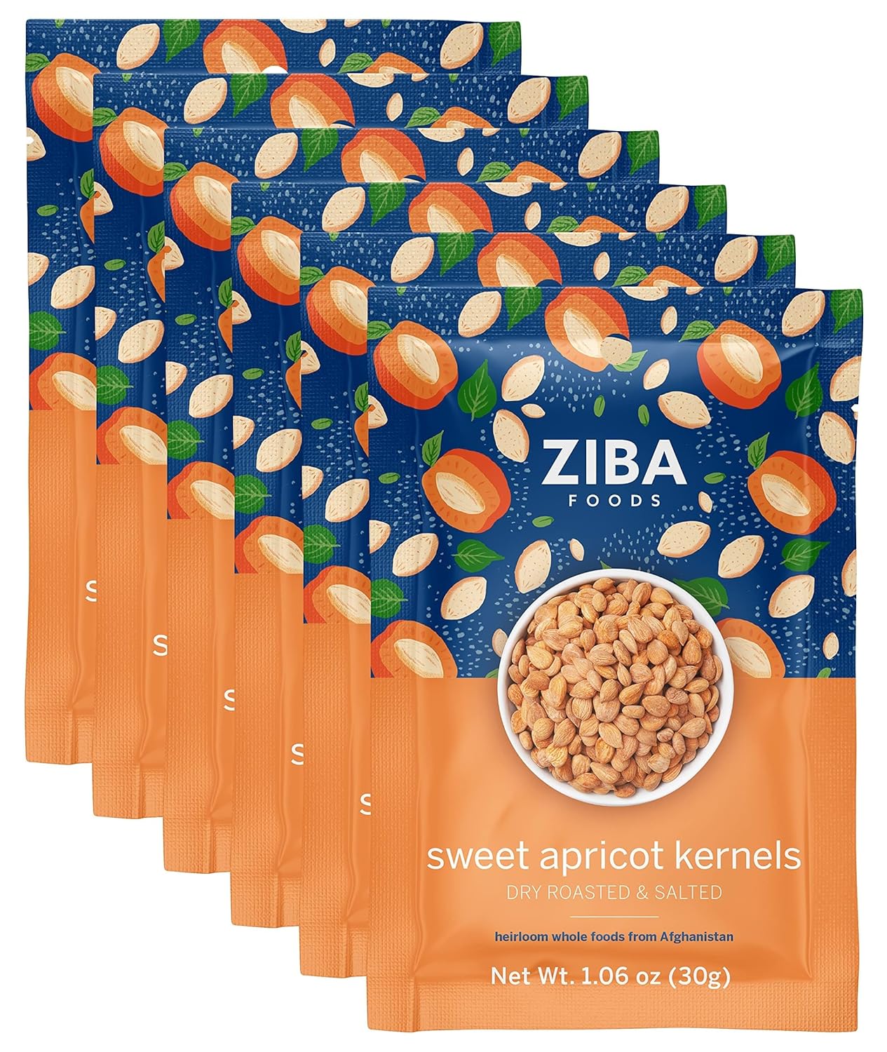 Ziba Foods Wild Grown Sweet Apricot Kernels | Non-GMO, Vegan, Whole 30 Friendly & Keto, Paleo, Dry Roasted Superseed | Wild Grown Superfood Naturally High In Vegan Protein and Omega 3s, Pack of 6