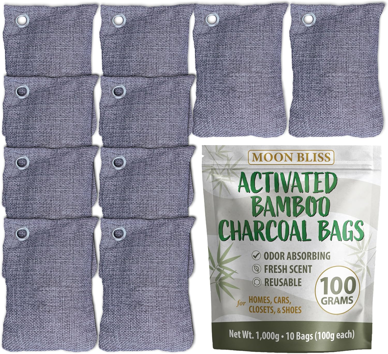 100g Bamboo Charcoal Bags (Pack of 10 Bags) - Activated Charcoal Odor Absorber - Reusable Bags for Homes, Cars, Closets, & Shoe Odor - Absorbs Odors & Moisture - Organic Sustainable Room Air Freshener