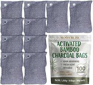 100g Bamboo Charcoal Bags (Pack of 10 Bags) - Activated Charcoal Odor Absorber - Reusable Bags for Homes, Cars, Closets, & Shoe Odor - Absorbs Odors & Moisture - Organic Sustainable Room Air Freshener