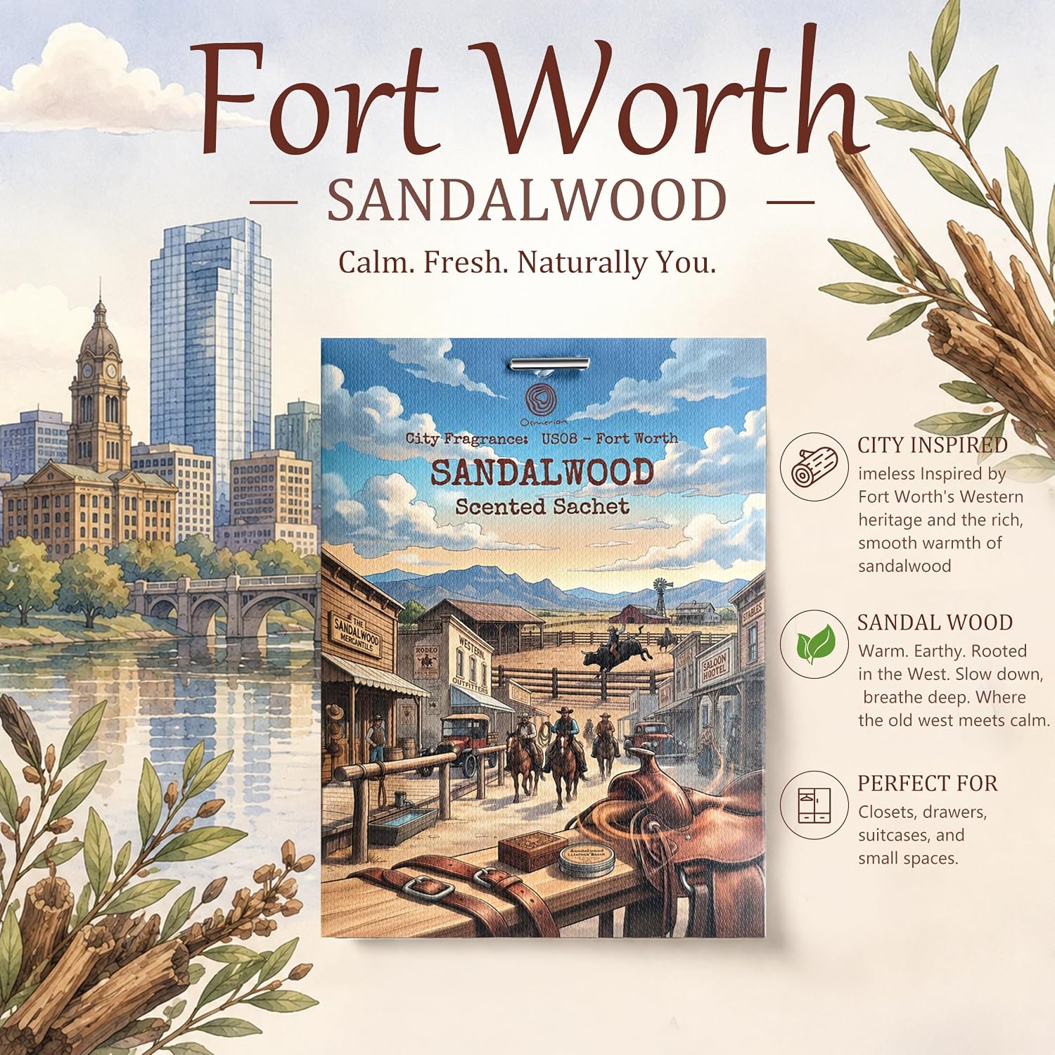 US08-Fort Worth Sandalwood Sachets for Drawers, Closets & Cars, 12 Pack | Car Air Freshener sachets with Fort Worth Sandalwood scent. Freshens closets, drawers, cars and small spaces.