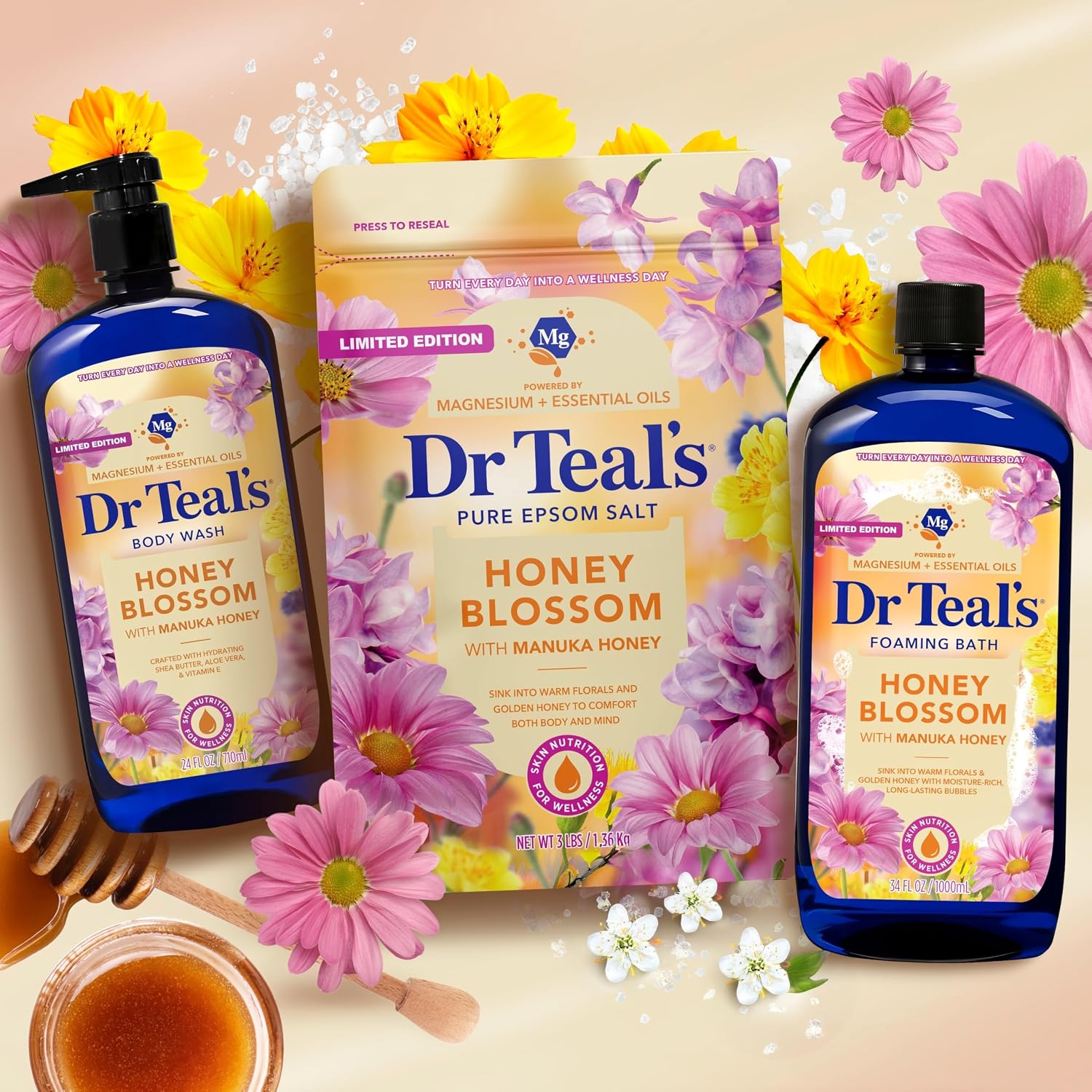 Dr Teal's Epsom Salt Magnesium Soak, Limited Edition Honey Blossom, 3 lbs (Pack of 4)