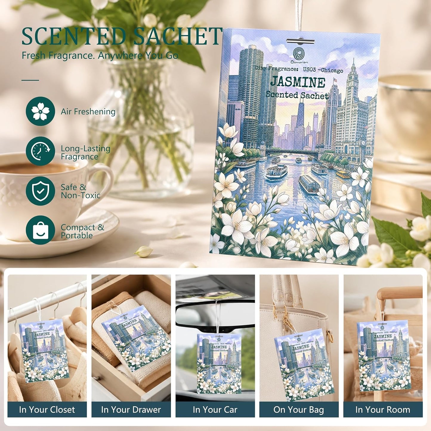 US03-Chicago Jasmine Scented Sachets for Drawers, Closets & Cars, 12 Pack | Car Air Freshener sachets with Chicago Jasmine scent. Freshens closets, drawers, cars and small spaces.