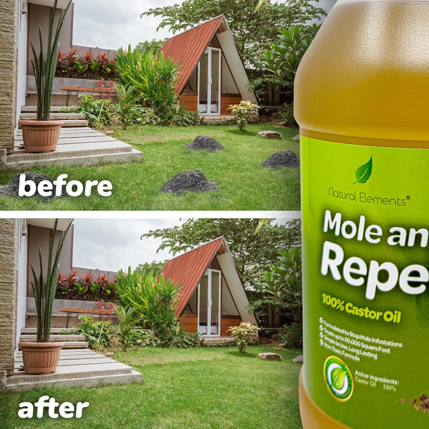 Natural Elements Mole and Vole Repellent – 100% Castor Oil Formula – Lawn and Yard Treatment – Covers Large Areas – 128 oz (1 Gallon)