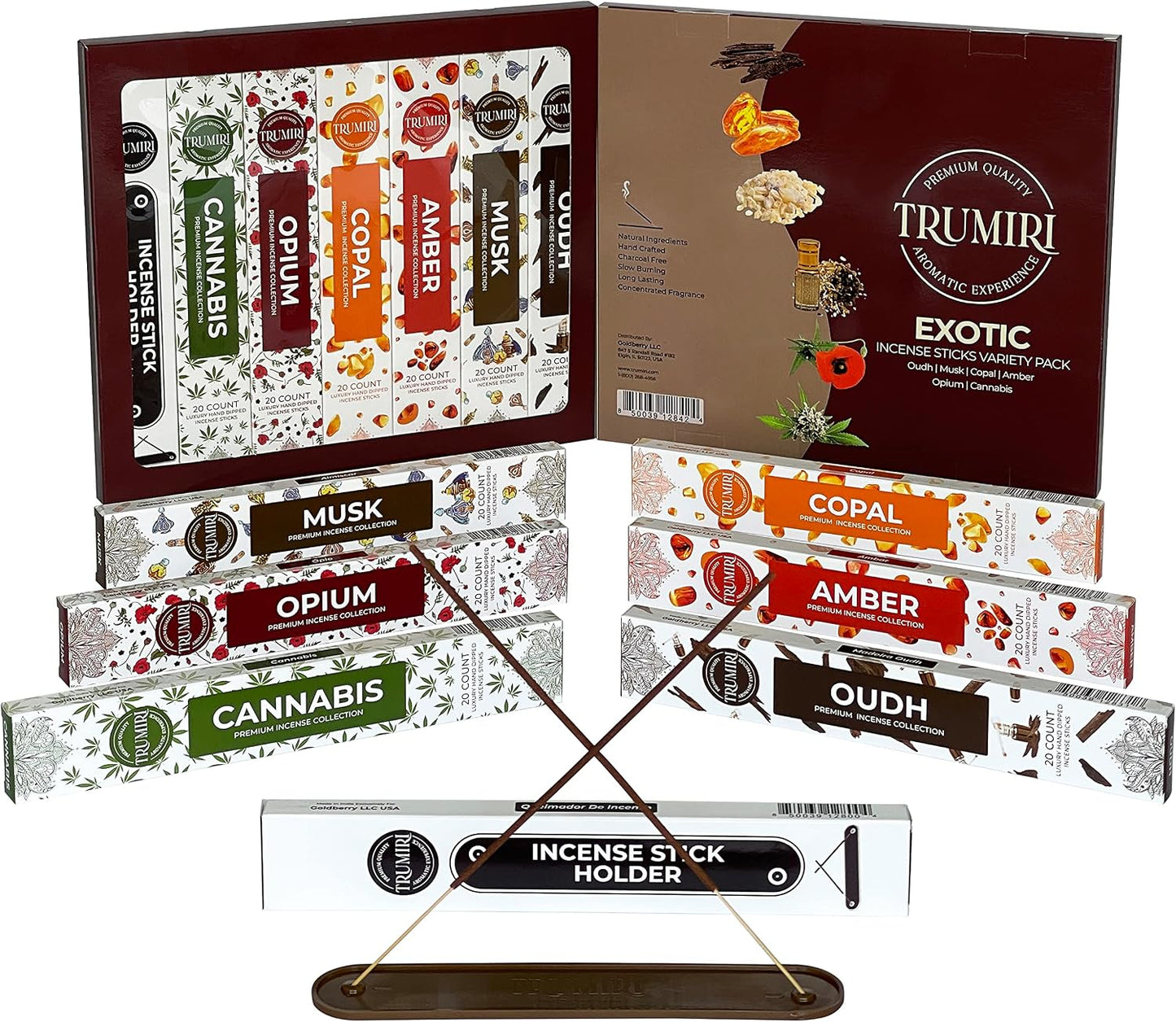 Exotic Incense Sticks Variety Pack - 120 Insence-Sticks (6 Incents x 20 Insense) - Copal Amber Oud (Agarwood) Musk - Natural Inscents-Sticks Non Toxic Incienso + Incense Holder for Men Women