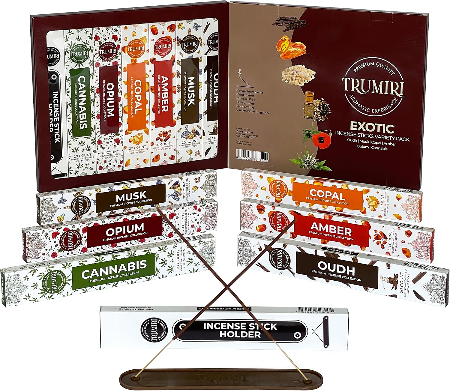 Exotic Incense Sticks Variety Pack - 120 Insence-Sticks (6 Incents x 20 Insense) - Copal Amber Oud (Agarwood) Musk - Natural Inscents-Sticks Non Toxic Incienso + Incense Holder for Men Women