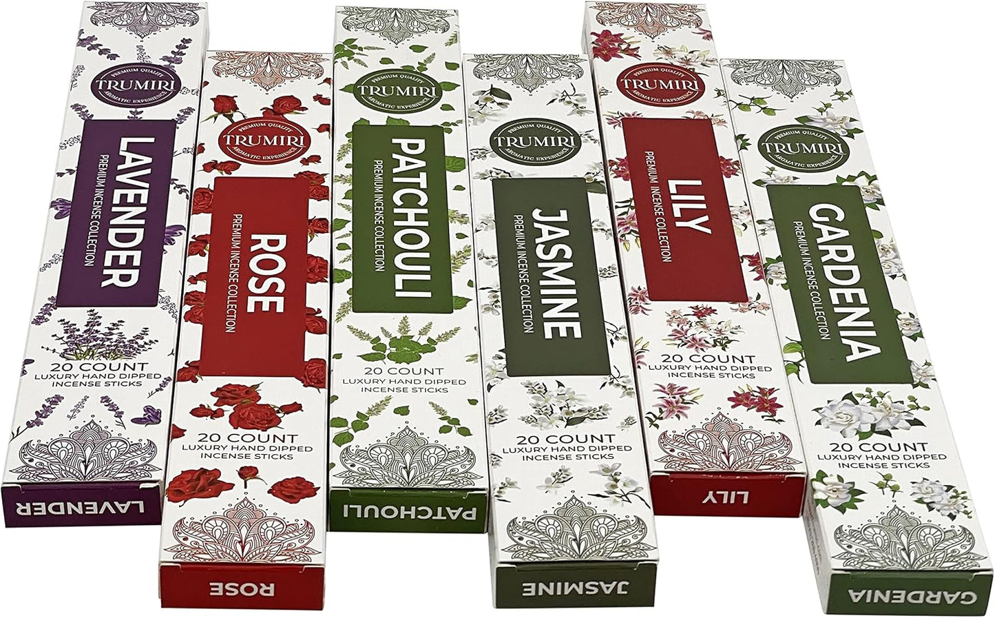 Floral Incense Sticks Variety Pack - 120 Insence-Sticks (6 Incents x 20 Insense) - Rose Lavender Jasmine Patchouli Gardenia Lily - Natural Inscents-Sticks Non Toxic Incienso with Stick Incense Holder