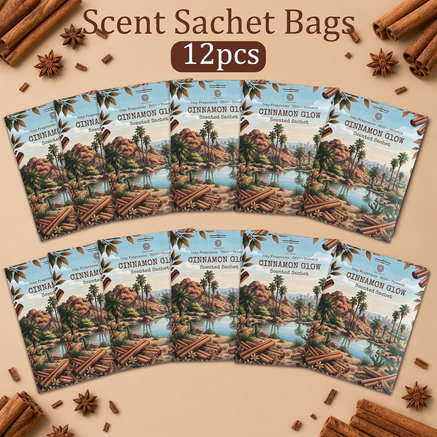 US10-Phoenix Cinnamon Glow Sachets for Drawers, Closets & Cars, 12 Pack | Car Air Freshener sachets with Phoenix Cinnamon Glow scent. Freshens closets, drawers, cars and small spaces.