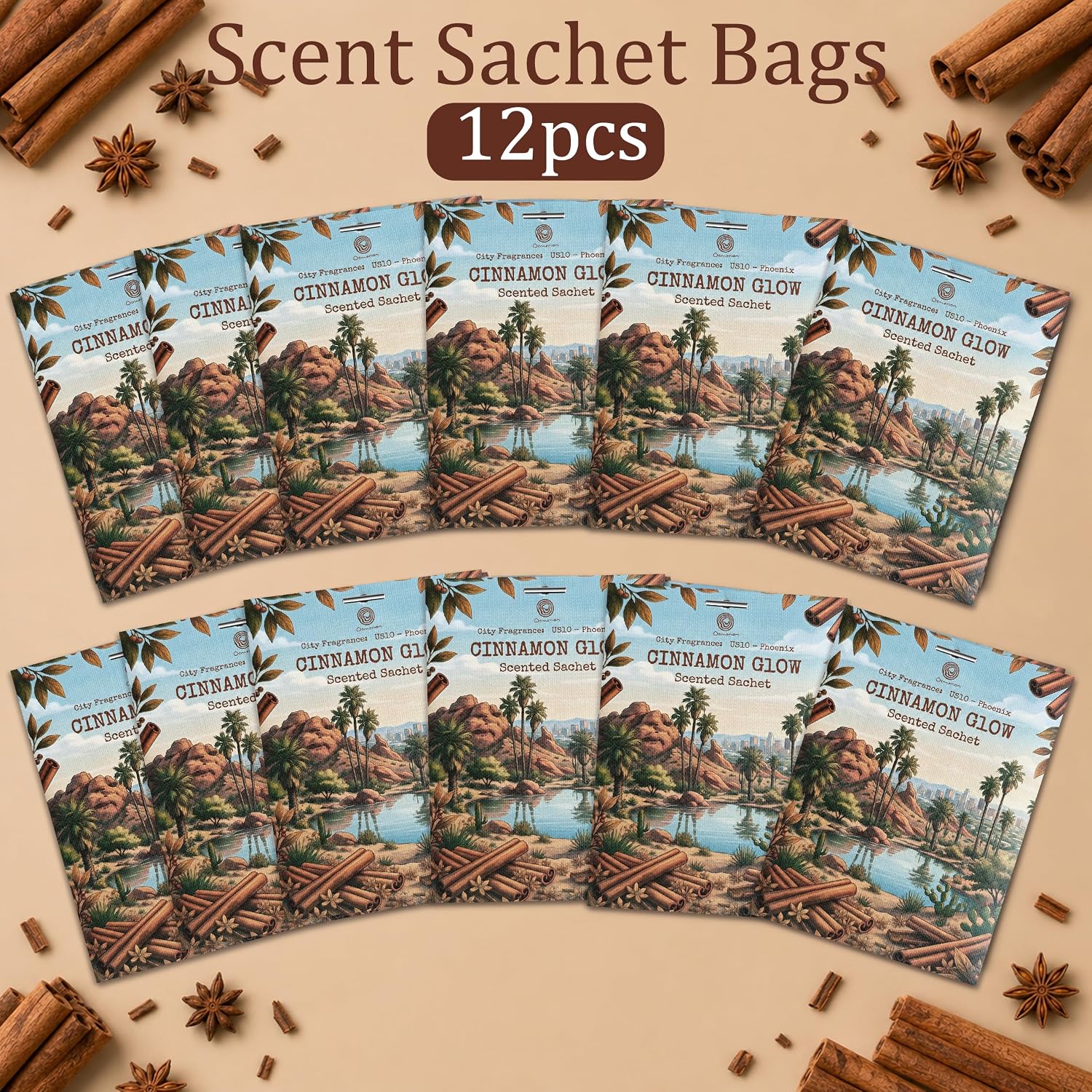 US10-Phoenix Cinnamon Glow Sachets for Drawers, Closets & Cars, 12 Pack | Car Air Freshener sachets with Phoenix Cinnamon Glow scent. Freshens closets, drawers, cars and small spaces.