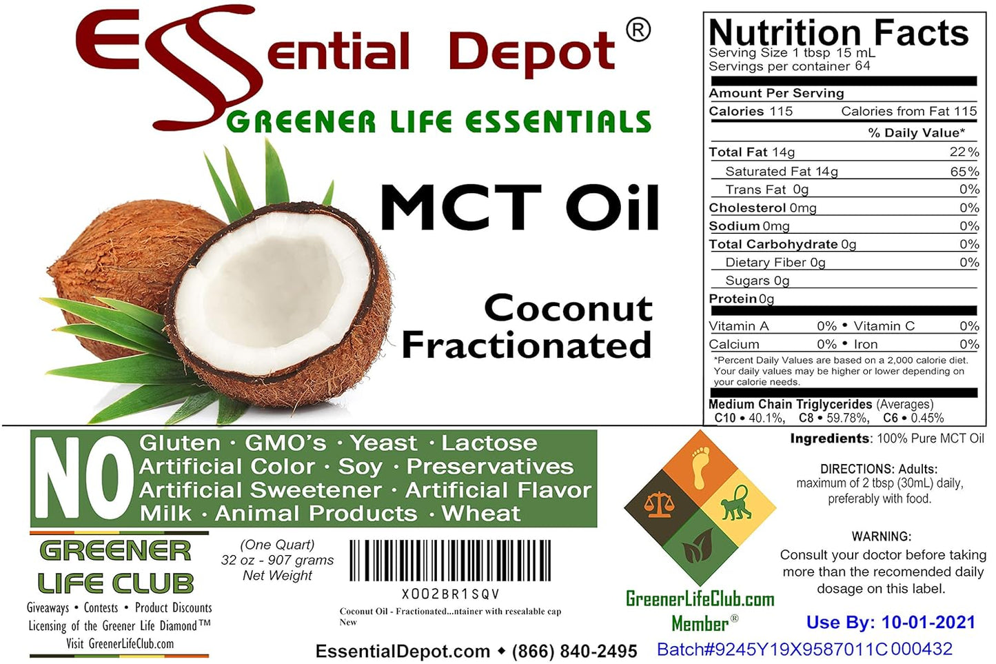 Coconut Oil - Fractionated - MCT (medium-chain triglycerides) - 1 Quart (32 oz) - liquid - Food Grade - Safety Sealed Resealable HDPE Container, Microwave Safe (remove foil seal), Freezer Safe