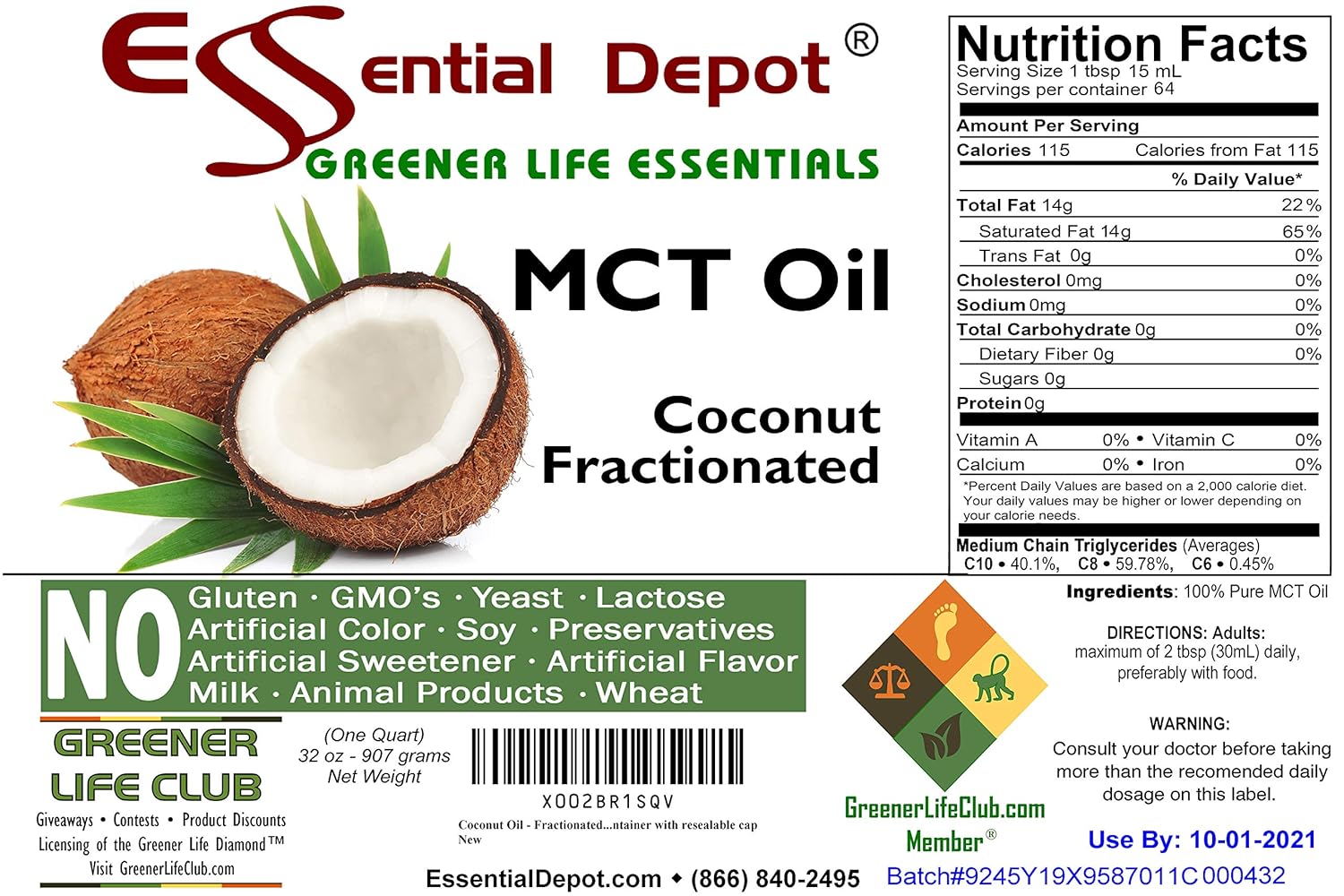 Coconut Oil - Fractionated - MCT (medium-chain triglycerides) - 1 Quart (32 oz) - liquid - Food Grade - Safety Sealed Resealable HDPE Container, Microwave Safe (remove foil seal), Freezer Safe