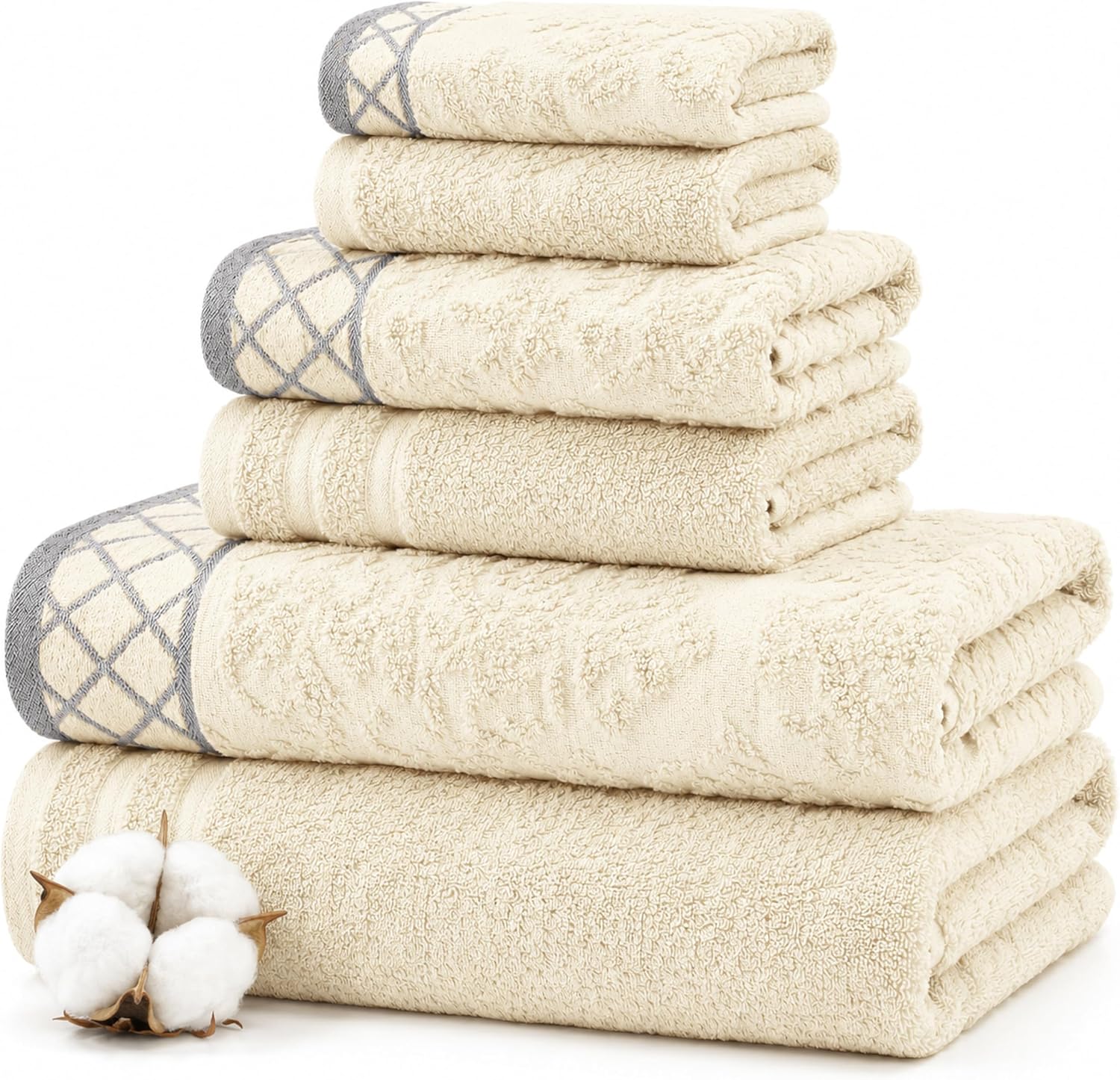 Modern Threads 6 Piece Cotton Bath Towel Set – Ultra Soft 550 GSM Towels – Bathroom Set with Hand Towels and Washcloths – Diamond Border (Ivory Cream)
