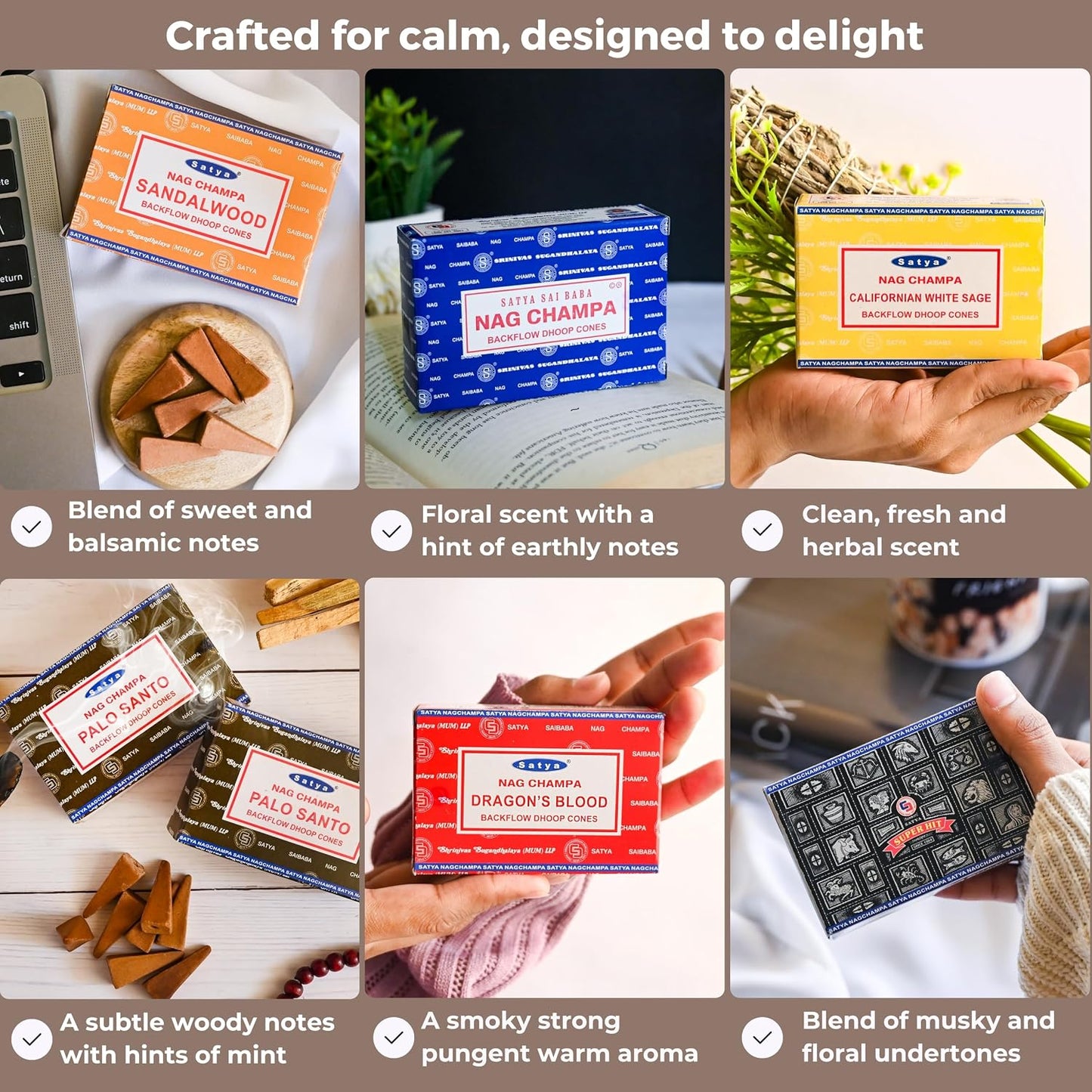 Nag Champa|Super Hit|Dragons Blood|Palo Santo|Sandalwood|Californian White Sage Variety Pack Backflow Incense Cones for Waterfall Aromatic Smoke Fountain Haze Falls and Mat Bundle - Pack of 6