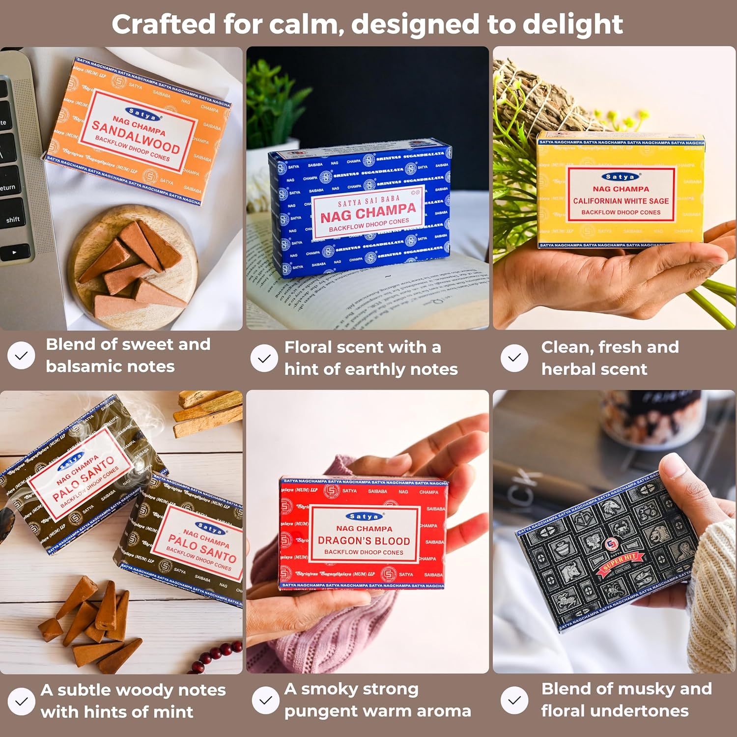 Nag Champa|Super Hit|Dragons Blood|Palo Santo|Sandalwood|Californian White Sage Variety Pack Backflow Incense Cones for Waterfall Aromatic Smoke Fountain Haze Falls and Mat Bundle - Pack of 6