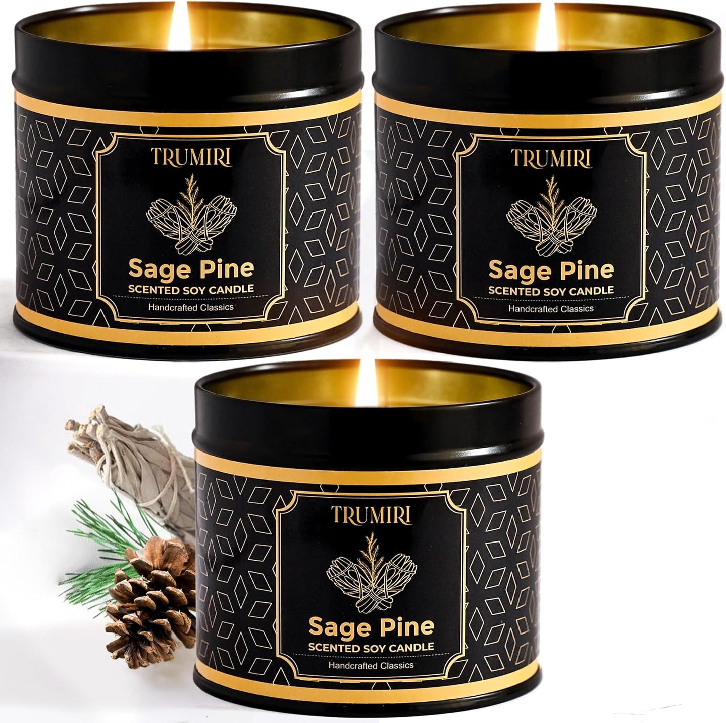 Sage & Pine Candle Strong Scented Soy Candel Natural Non Toxic Velas Aromáticas for Home Gift for Fall Christmas Holidays Pack of 3 5Oz Decorative Tin Jars with Lids