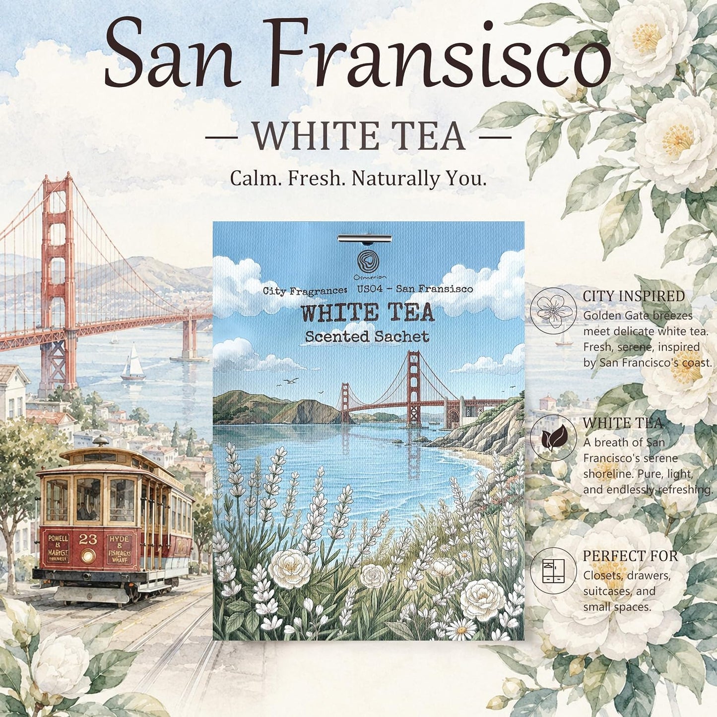 US04-San Francisco White Tea Sachets for Drawers, Closets & Cars, 12 Pack | Car Air Freshener sachets with San Francisco White Tea scent. Freshens closets, drawers, cars and small spaces.
