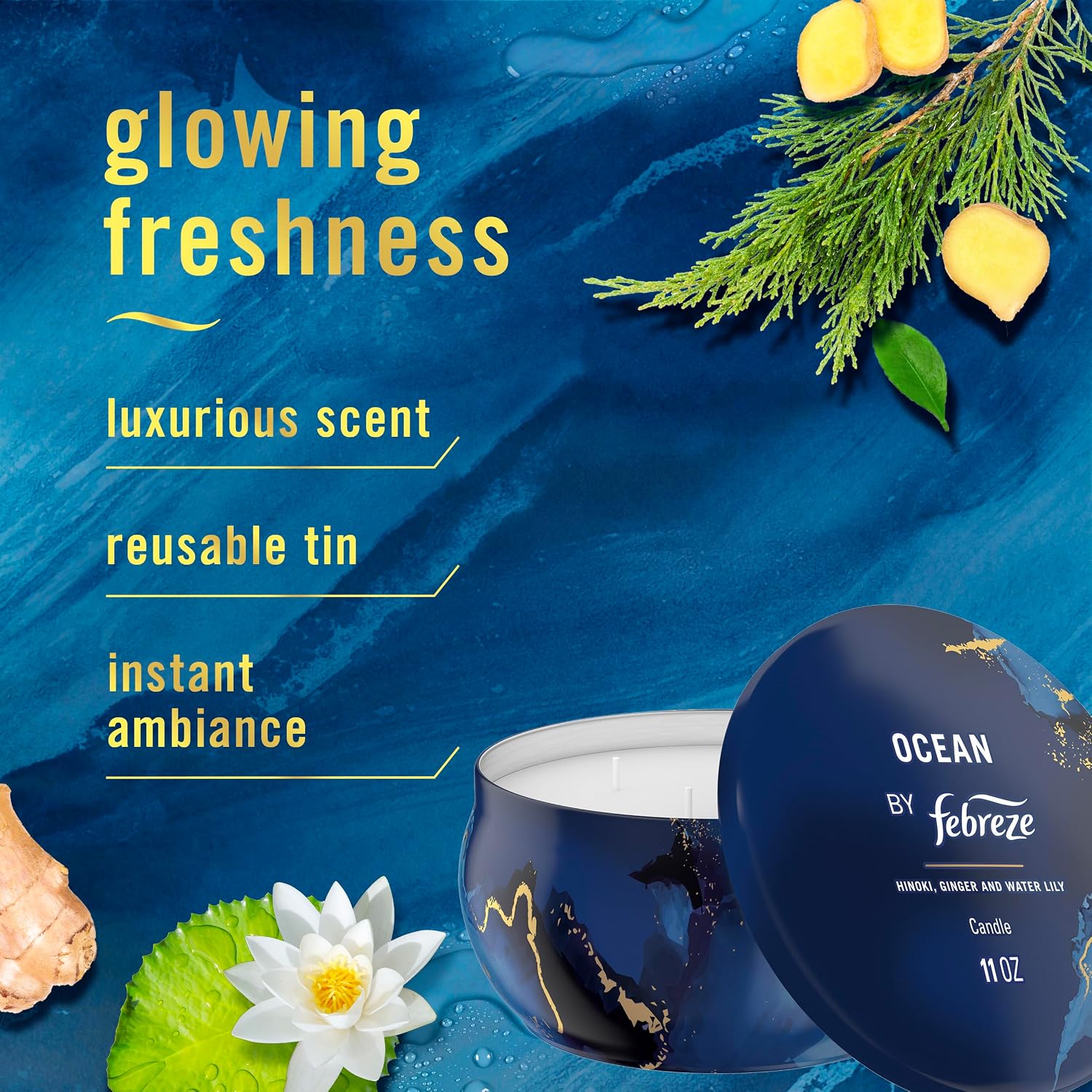 Febreze Scented Candle, Ocean Scent, 11 oz 4 Wick Candle, Single Pack