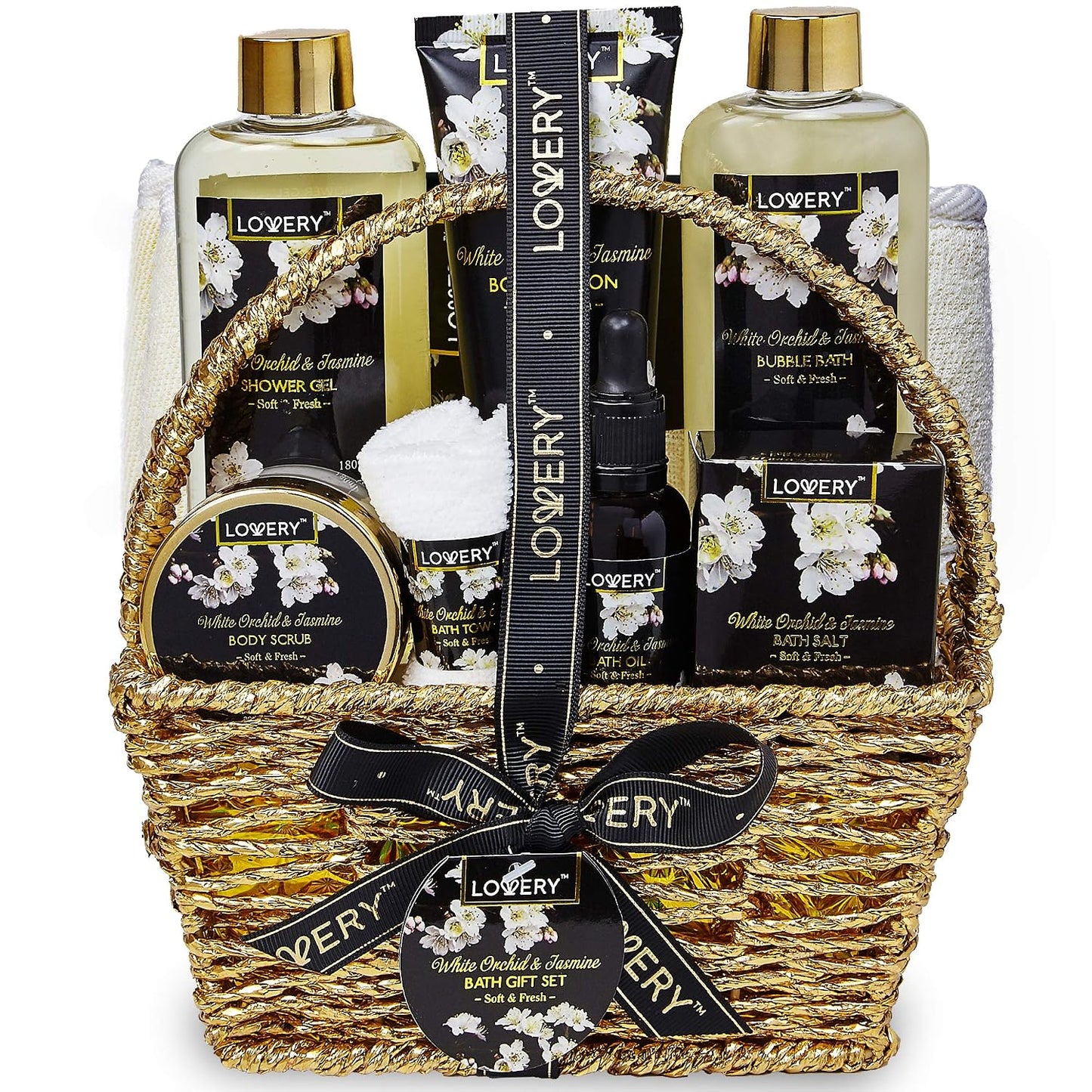 Bath and Body Gift Basket for Women – Orchid & Jasmine Home Spa Set with Body Scrubs, Lotions, Oils, Gels and More - Care Package for Women & Men - 9 Piece Womens Gifts Set