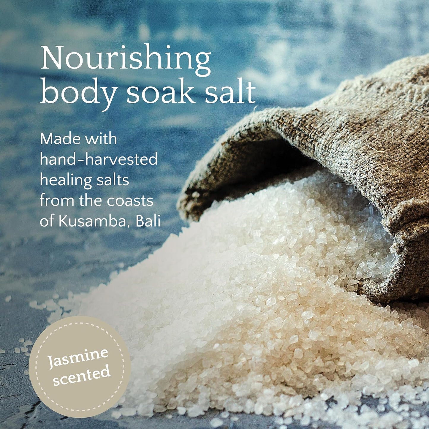 Seafoam Jasmine Bath Soak Salt 481g, Mineral-Rich Relaxing Salt Blend with Jasmine Aroma & Kusamba Seawater for Skin Soothing & Stress Relief, Kusamba by QUR