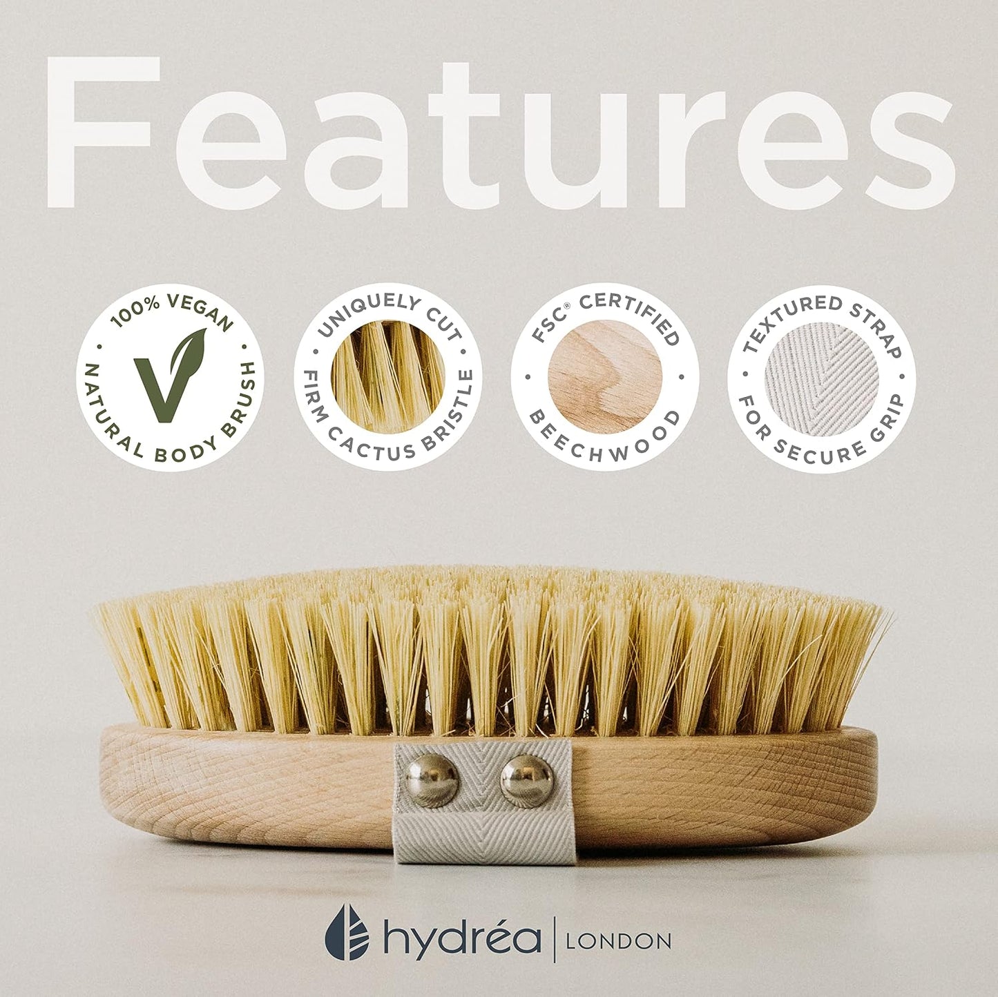 Hydrea London Dry Brushing Body Brush with Cactus Bristle - Cellulite Remover, Vegan Best Dry Brush for Flawless Skin, Helps Improve Lymphatic Drainage - FSC® Certified Beechwood.