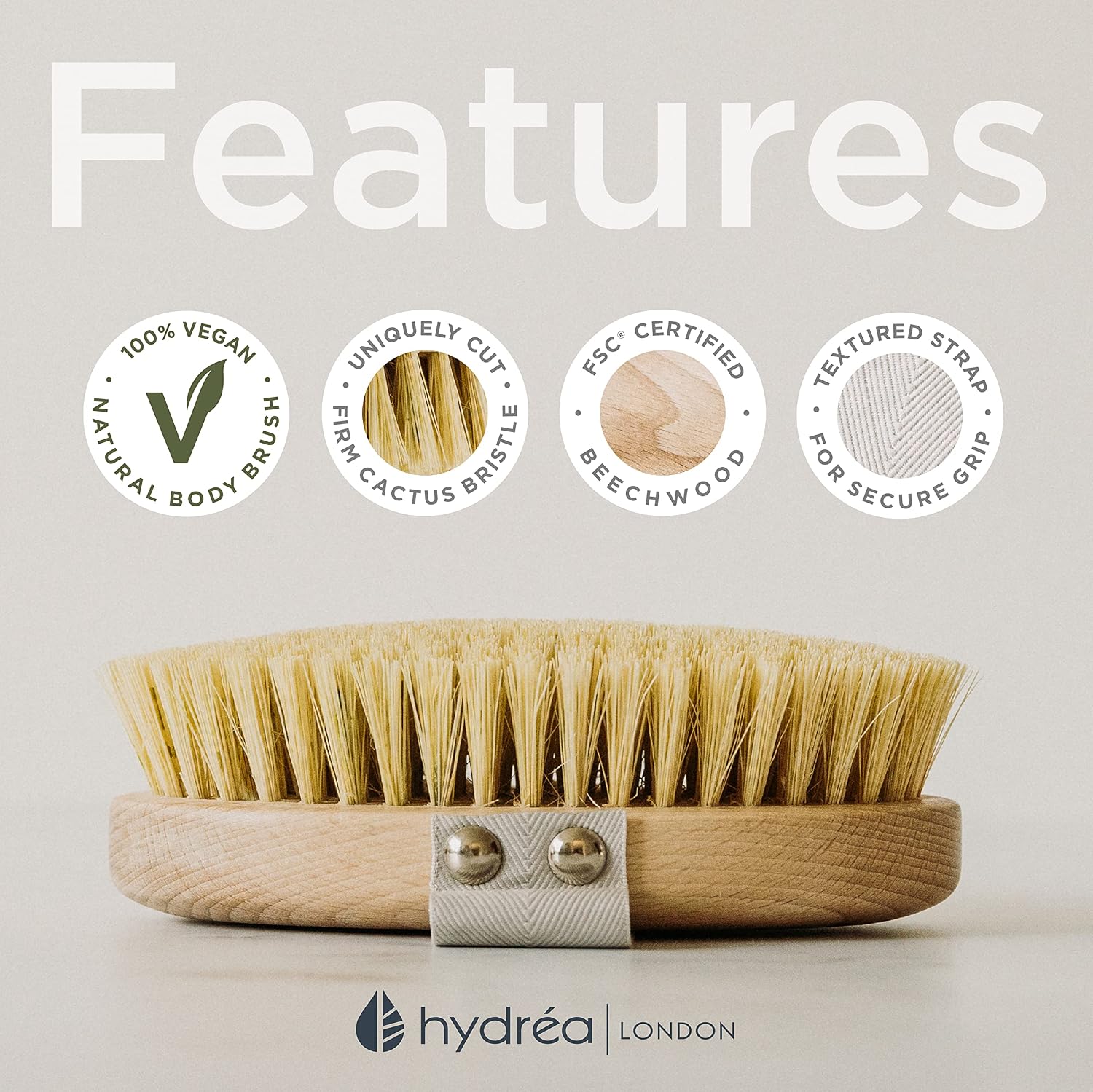 Hydrea London Dry Brushing Body Brush with Cactus Bristle - Cellulite Remover, Vegan Best Dry Brush for Flawless Skin, Helps Improve Lymphatic Drainage - FSC® Certified Beechwood.