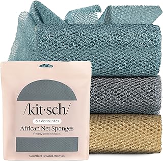 Kitsch African Net Sponge – Exfoliating Body Scrubber for Cleansing & Gentle Daily Exfoliation – Stretchable Bath Sponge for Hard-to-Reach Areas, Long-Lasting Shower Essential - Aqua Grey, 3 Pcs