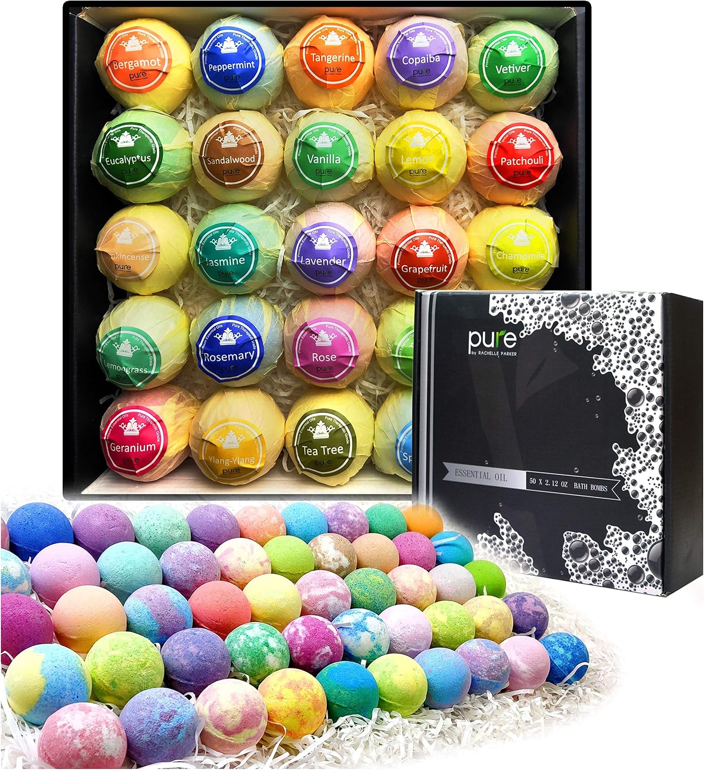 Pure Parker Natural Bath Bombs Bulk 50 Pack with Essential Oils - Moisturizing Gift Set for Women with Shea Butter - Individually Wrapped for Freshness