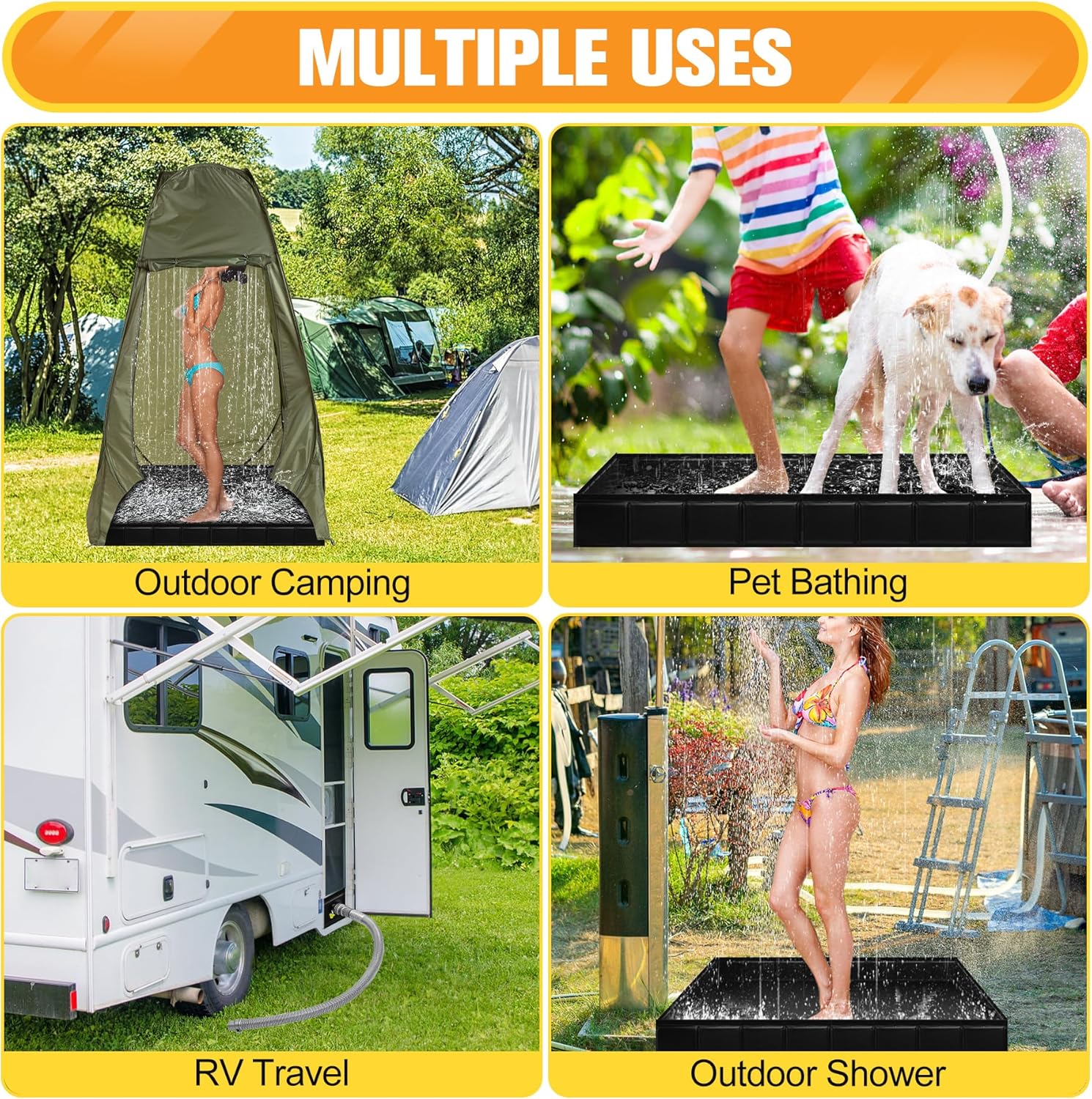 Upgraded Portable Shower Pan 41"x41"x5" - Heavy-Duty Non-Slip Base with Drain Hole & Mesh Storage Bag | Collapsible Camp Shower Tray for RV, Beach, Glamping | Leakproof Outdoor Bath Floor