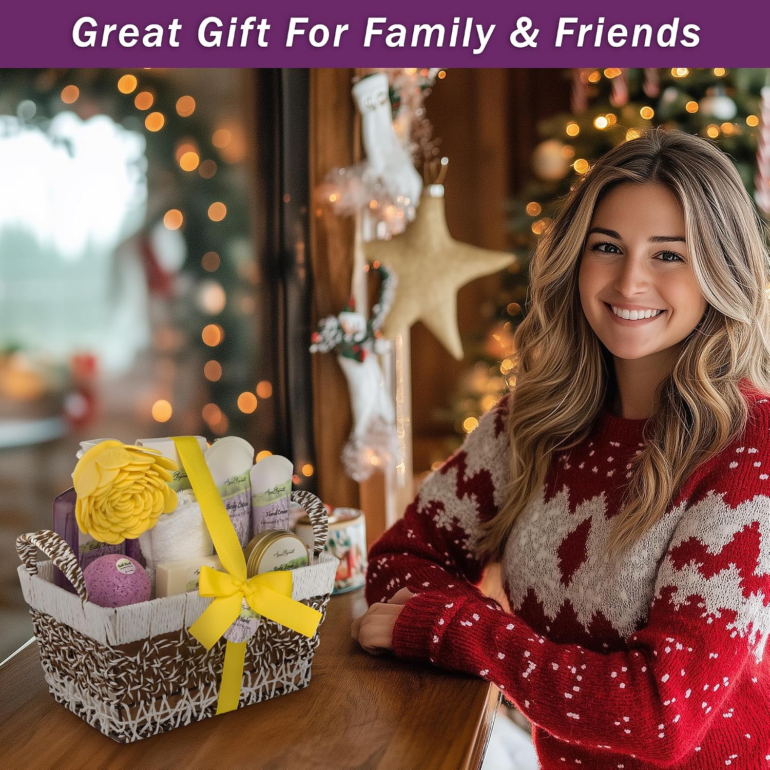 Aqua Elegante Bath Basket For Women - Deluxe Spa Set with Wash, Bubble Bath, Lotion, Salts, Body Scrub, Towel, Shower Puff, Bathbombs, Reusable Basket, Gifts for Mom, Wife, Her - Lavender & Tea Tree